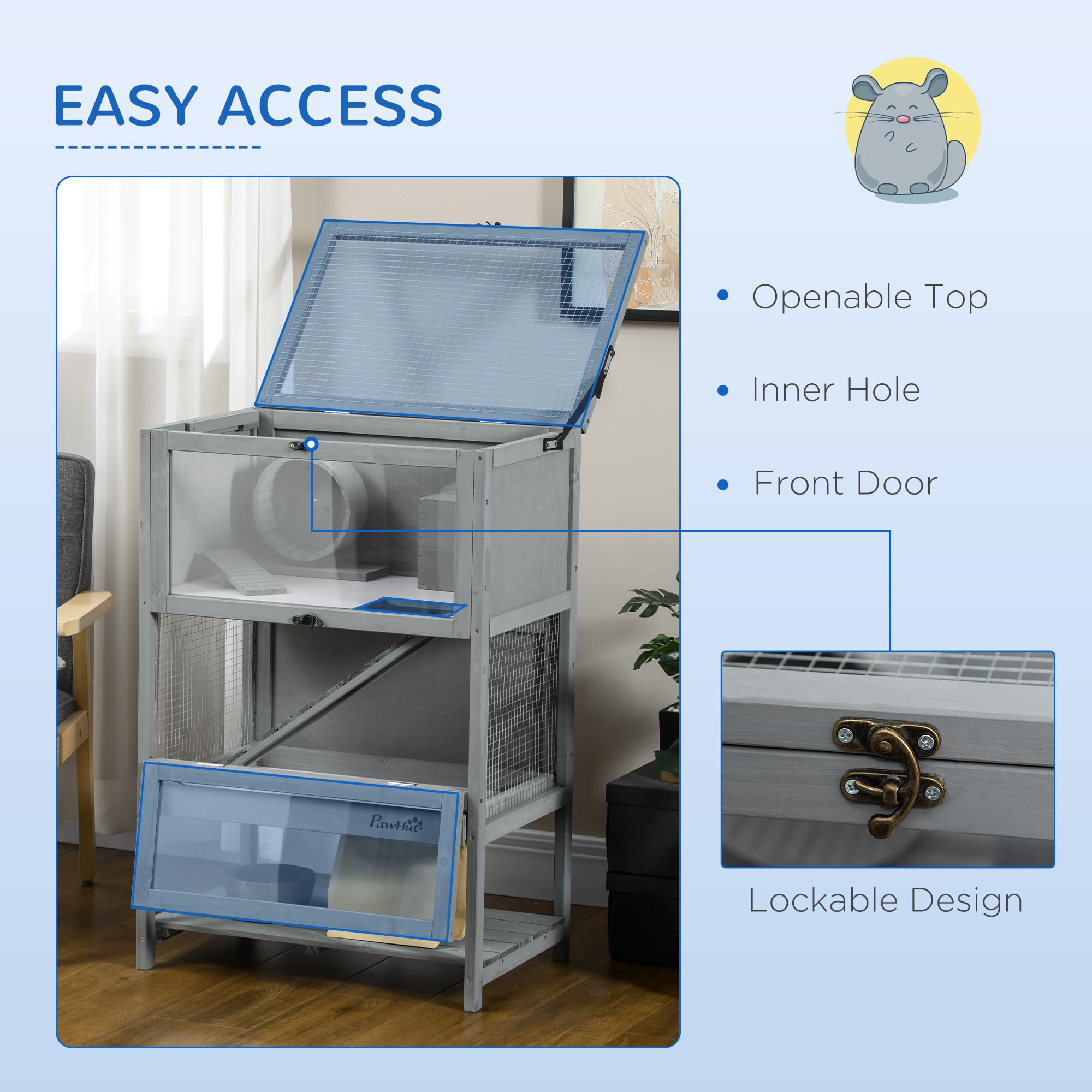 PawHut Wooden Hamster Cage with Storage Shelf, Large Rat Mouse Habitat Including Seesaw, Small Animal Cage with Sliding Tray, Wi