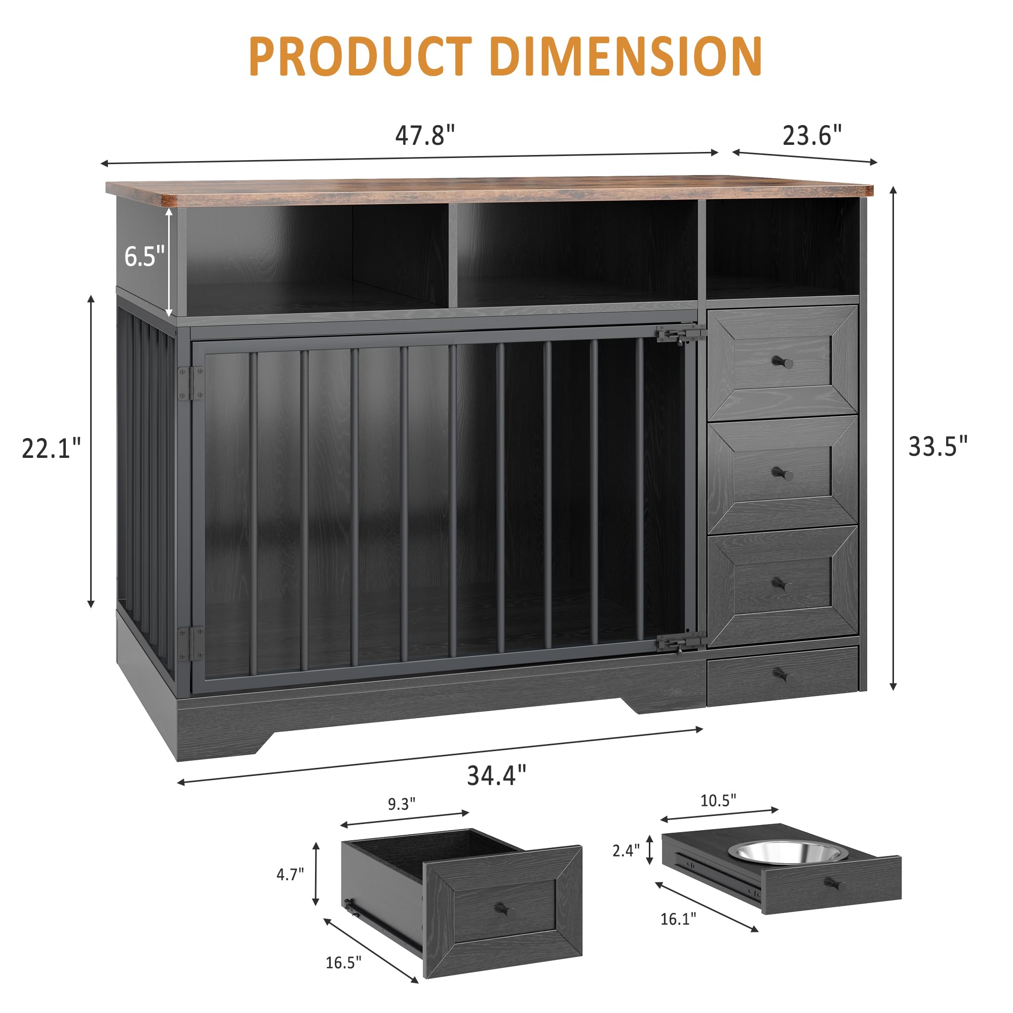 GarveeHome Dog Crate Furniture for Small Dogs, Wooden Dog Kennel Indoor with Storage Shelves, 3 Drawers & Hidden Bowl, Modern Pe