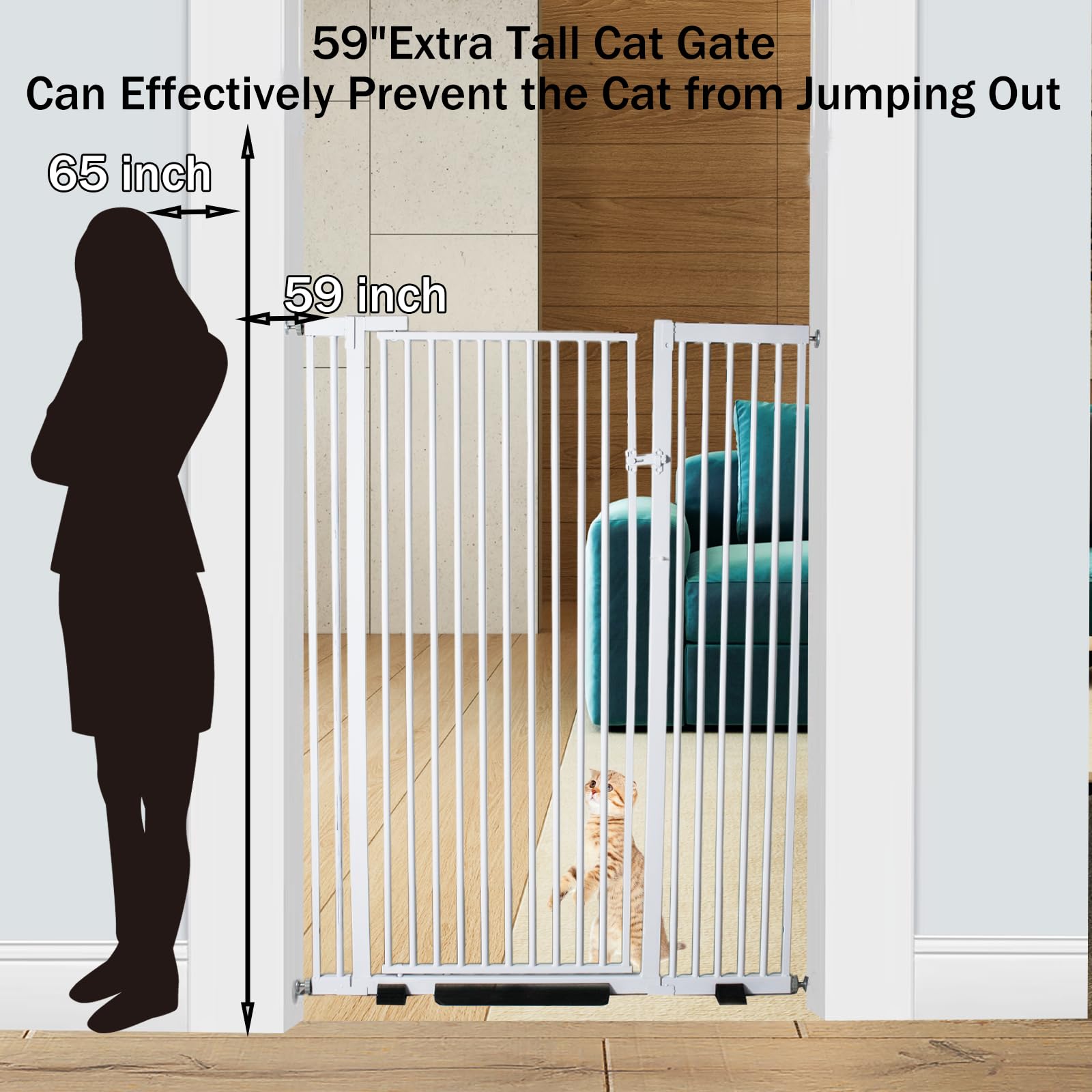 59 inch Extra Tall Cat Gate, Adjustable 29.13 and 42.08 Wide Baby Gate, Pressure Mounted Full Door Pet Gates for Doorway, Stairs