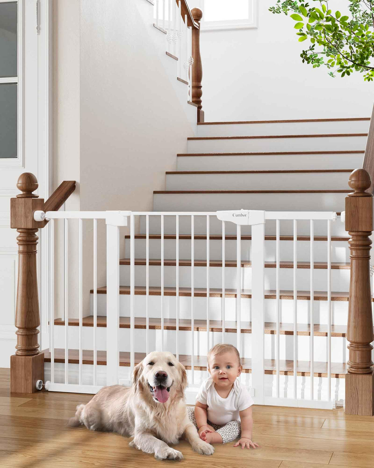 Cumbor 29.7-54.2' Wide Baby Gate For Stairs, Mom'S Choice Awards Winner-Self Closing Dog Gate Indoor For Doorways, No Drilling Pressure Mounted Pet Gates For Kids, Easy Walk Through Safety Gate, White