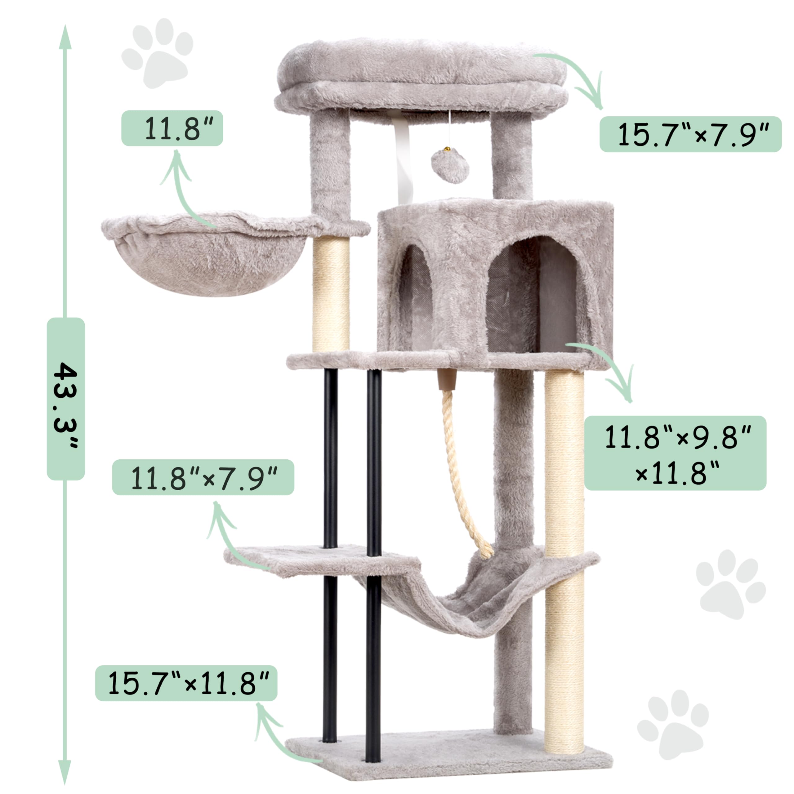 Gitelsnour Cat Tree, Cat Tower For Indoor Cats, 43.3 Inch Cat Tree Tower With Sturdy Steel Tube, Cat Hammock, Cat Condo For Smal