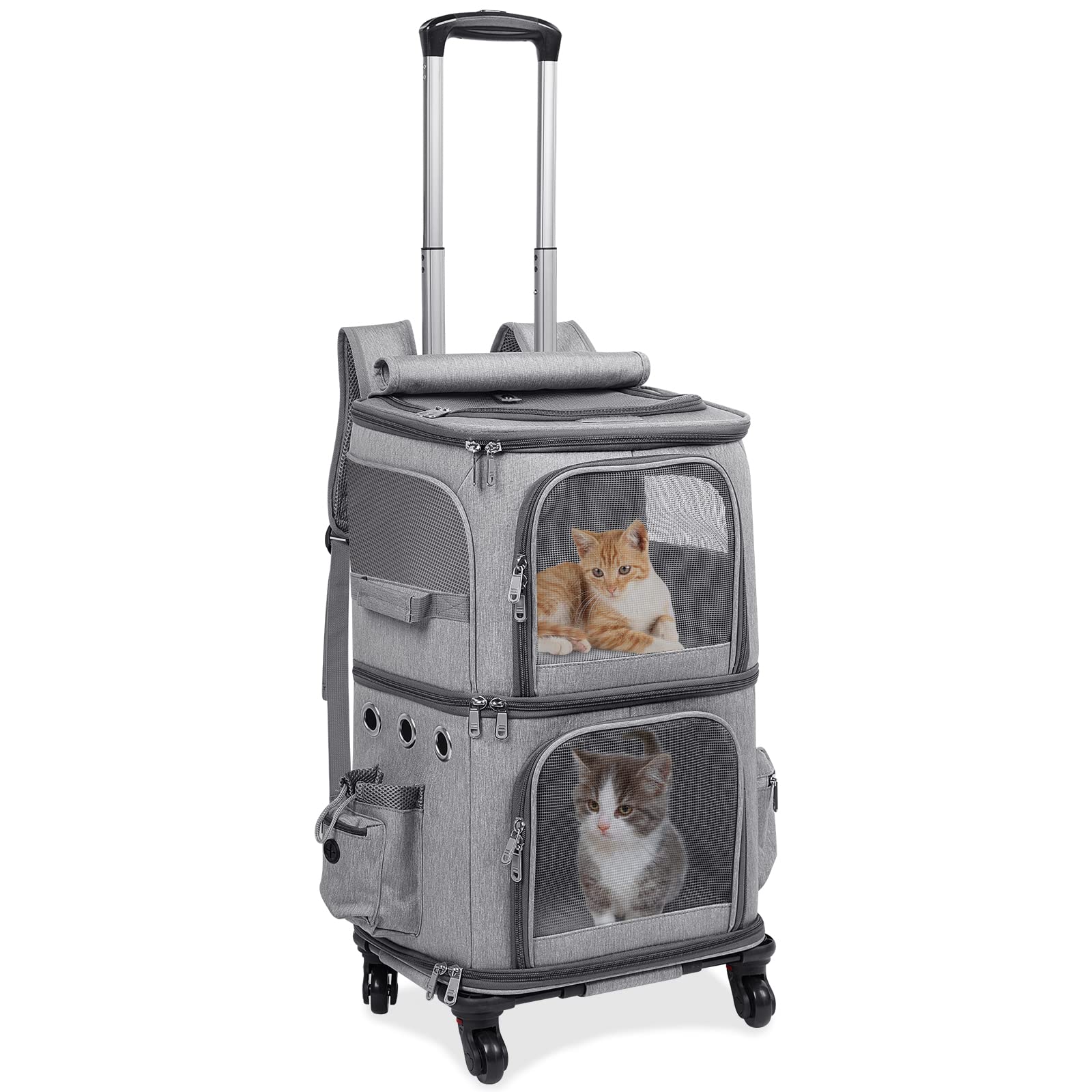Hovono Extra Large Double-Compartment Pet Carrier Backpack With Wheels For Small Dogs And Cats, Cat Rolling Carrier For 2 Cats, 