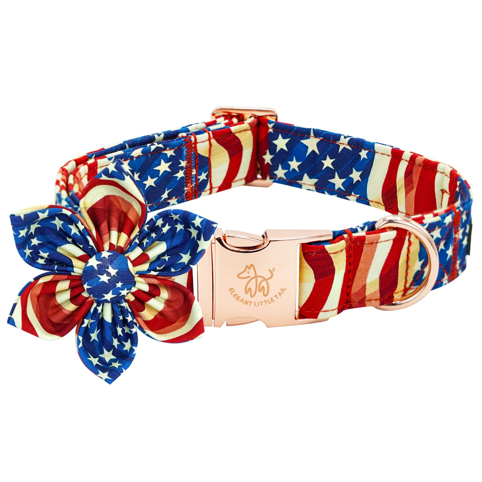 Elegant Little Tail Independence Dog Collar, Patriotic Pet Collar With Flower American 4Th Of July Holiday Cotton Soft Boy Girl 