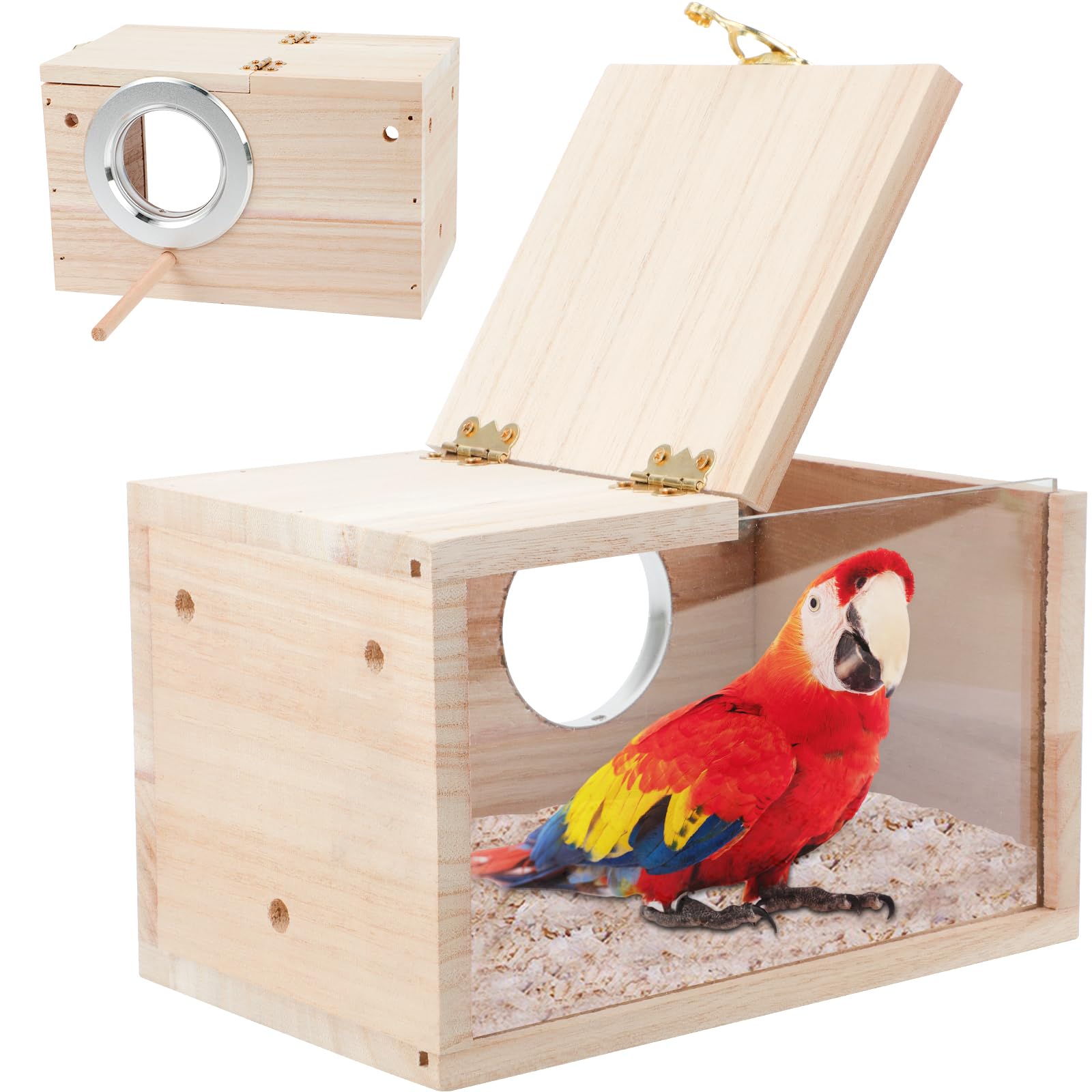 GINDOOR Parakeet Nesting Box Transparent Bird House for Cage Natural Wood Breeding Box for Parrot Parakeet Cockatiel Lovebirds B