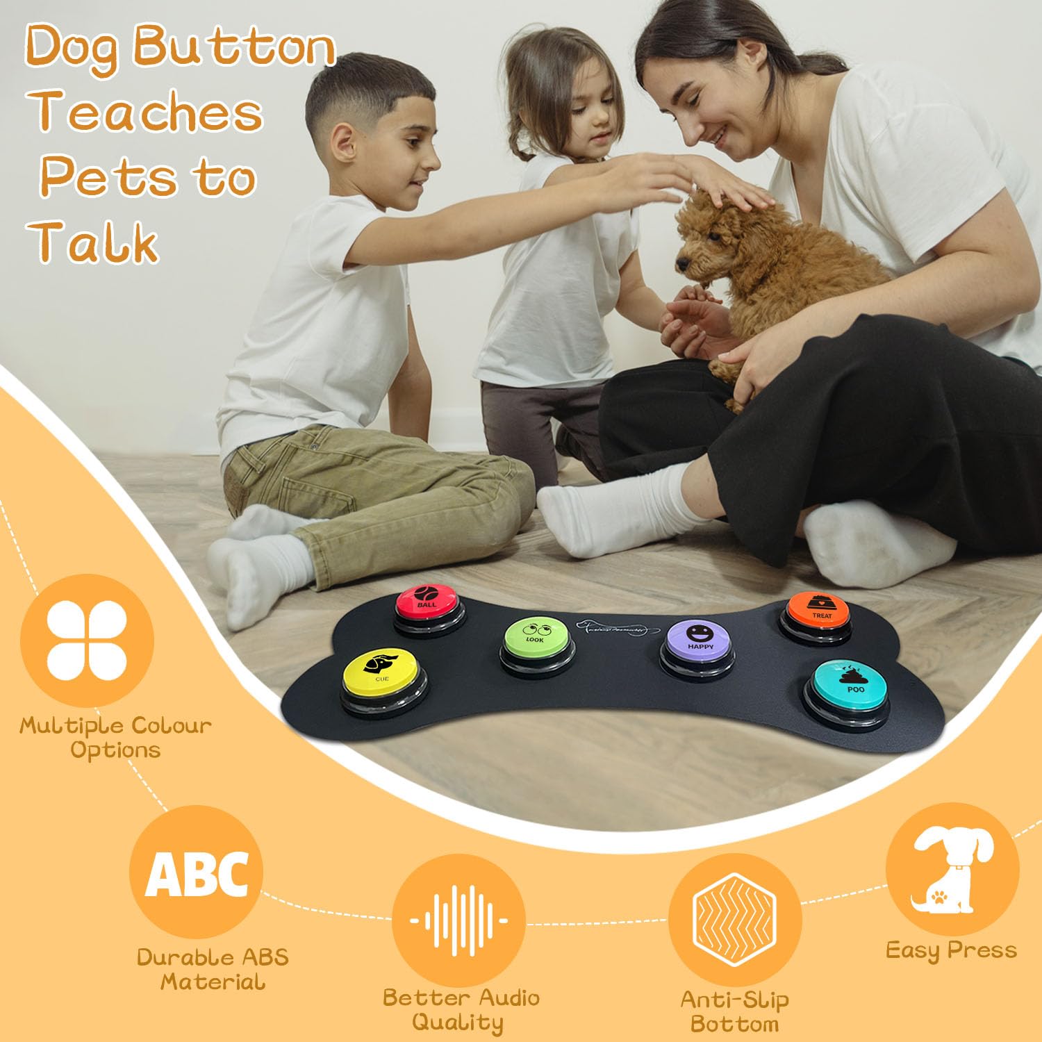 RIBOSY Dog Training Buzzer Set - 6 Recordable Buttons, Non-Slip Mat, 50 Stickers, Battery Included, Model RBS-RB-6P-05