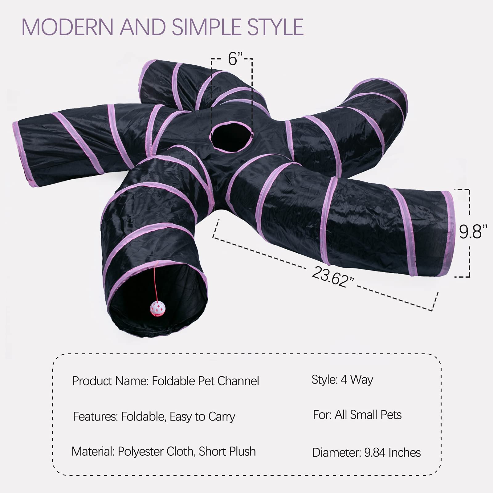 Egetota Cat Tunnel For Indoor Cats Large, With Play Ball S-Shape 5 Way Collapsible Interactive Peek Hole Pet Tube Toys, Puppy, Kitty, Kitten, Rabbit (Pink & Black)