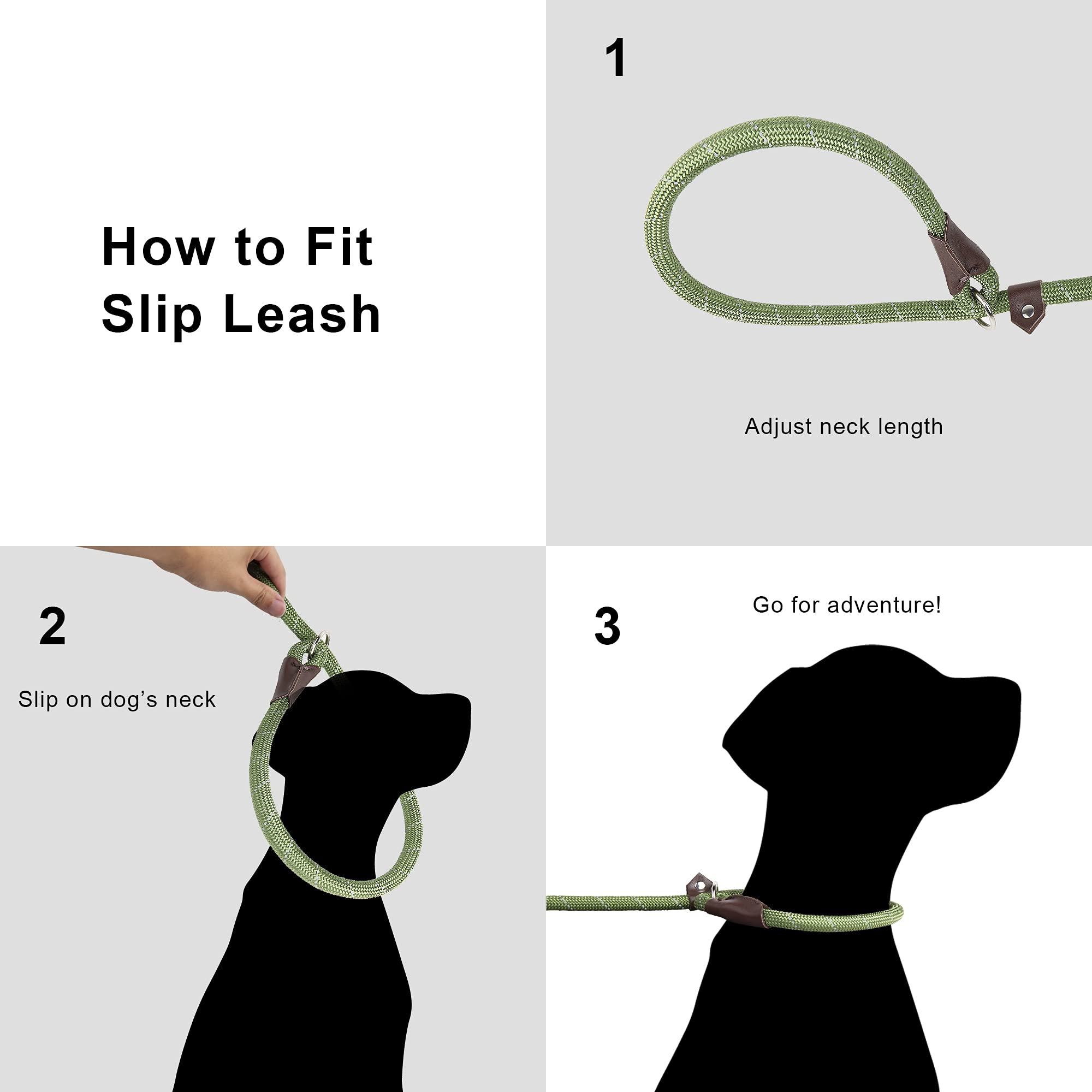 Twoear Dog Leash Dog Slip Rope Leash 6Ft Dog Training Leash Heavy Duty Strong Slip Lead Highly Reflective Threads For Small Medium And Large Dogs (Slim(3/8''X6Ft), Green)