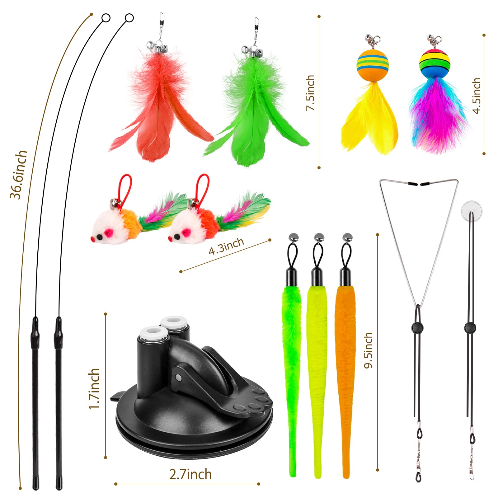 Hosfroll Cat Toys Wand, Interactive Cat Toy With Super Suction Cup Sticky Detachable 12 Pcs Feather Replacements 2 Wands Cat Spring Feather Toys For Indoor Cats Kitten Toys (9 Toys Double Headed)