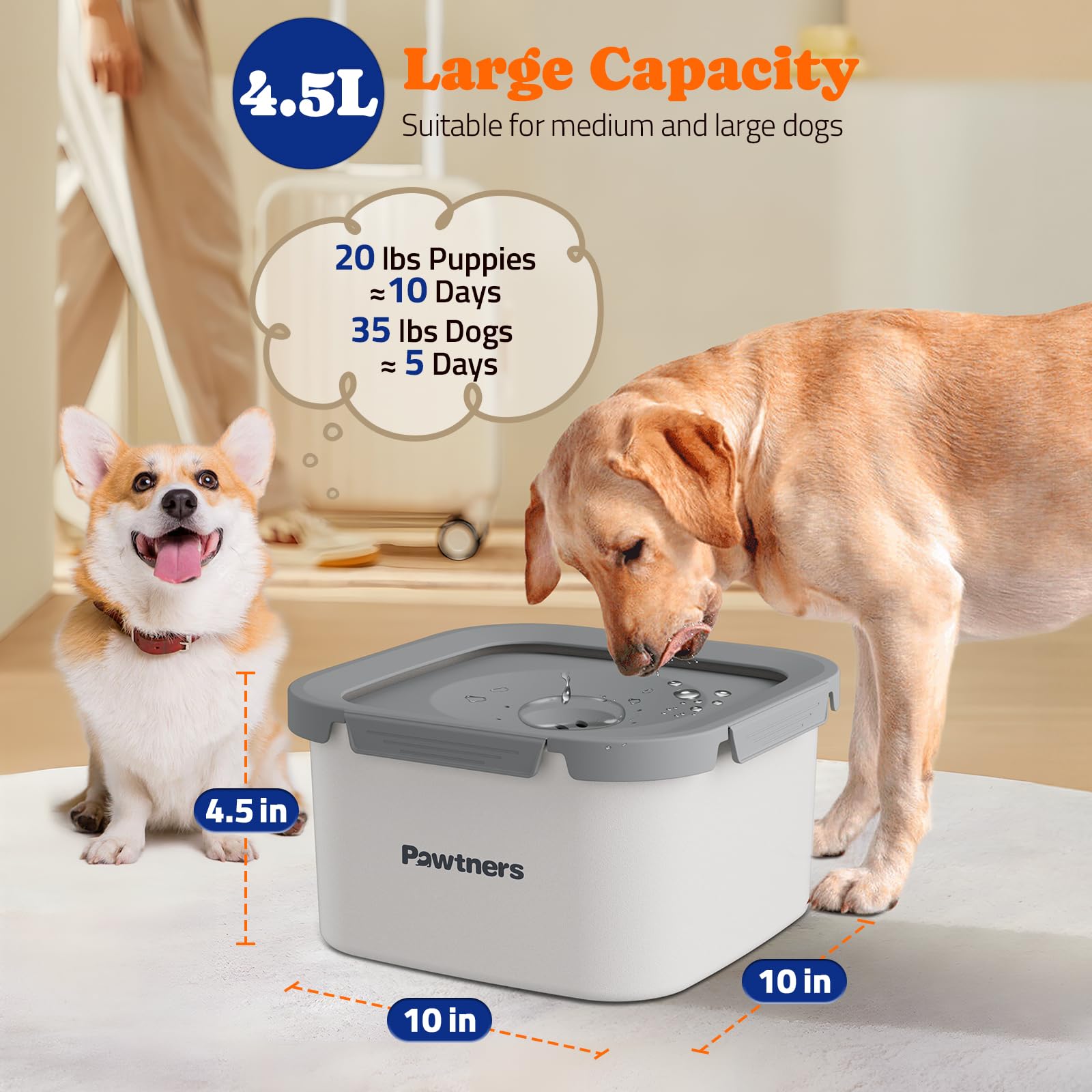 Dog Water Bowl No Spill, 4.5L Stainless Steel Dog Floating Bowl, Slow Water Bowl For Dog With Filter, Non-Slip Base, No Splash W