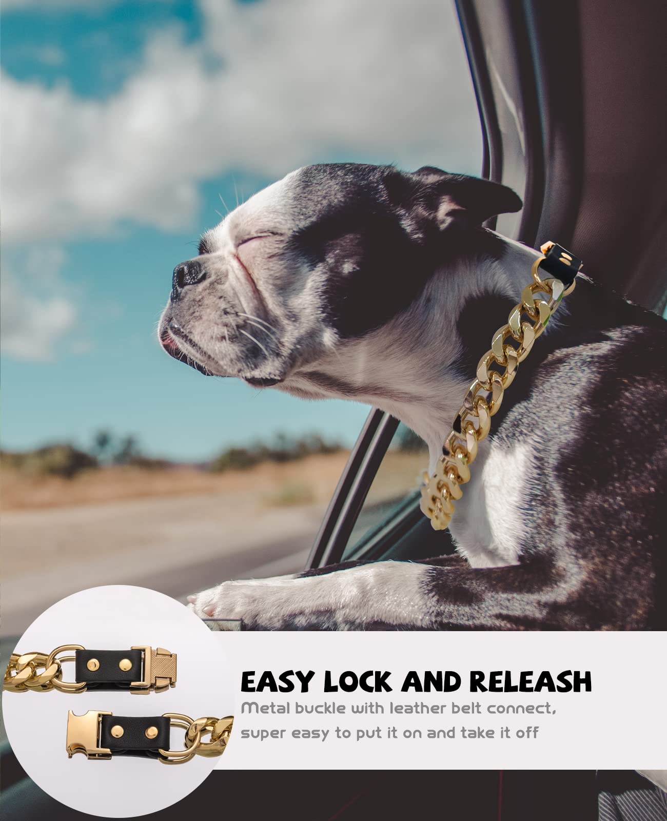 Gold Chain Dog Collar - 7/8 Inch Wide Metal Cuban Link Dog Necklace With Leather Belt, Lightweight Protect Puppy'S Neck, Cute Fa