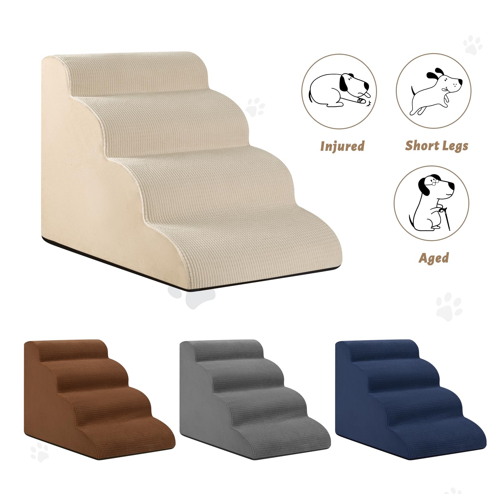 Aodisman 4-Step Dog Stairs and Ramp for Beds or Couches,Non-Slip Sturdy Pet Steps for Small Dogs and Cats,17.4 H,Beige