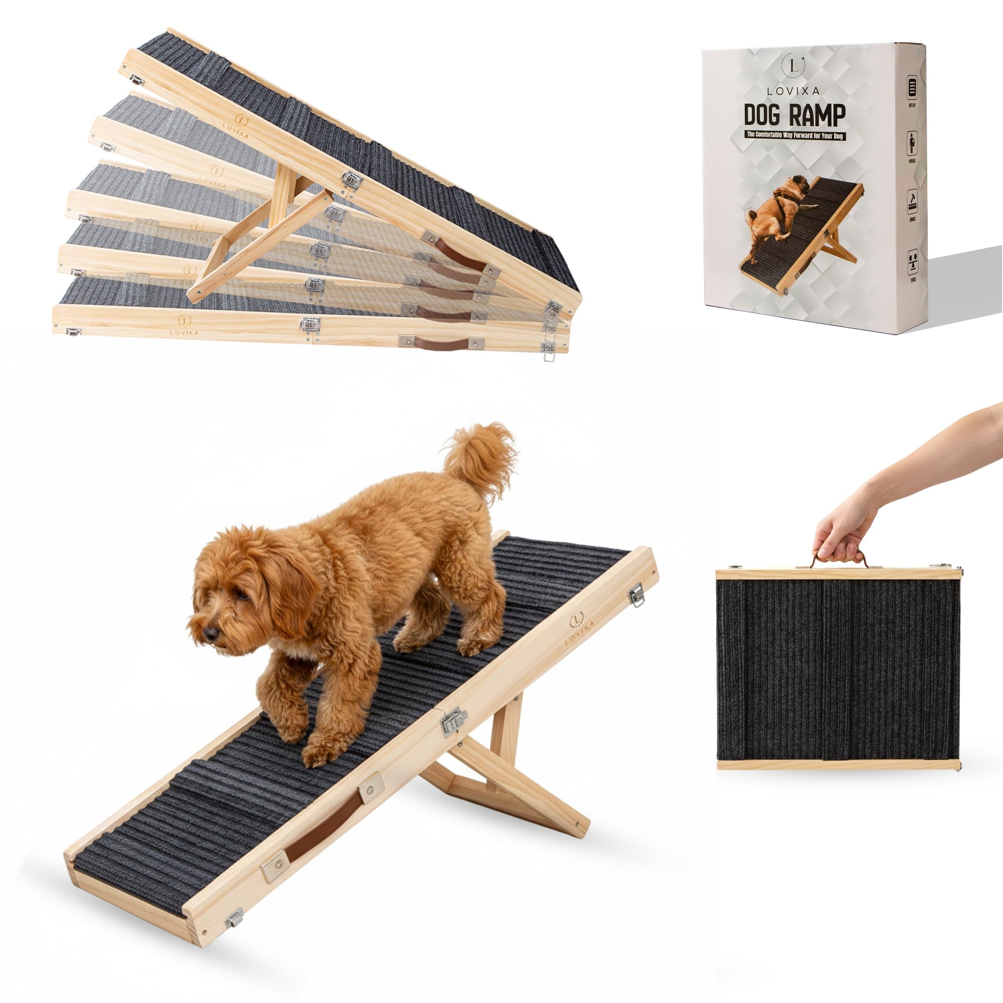 LOVIXA Adjustable Dog Ramp 40.5  Length, 5 Heights 10-24 Inches, Foldable Pet Ramp for Bed & Couch, Solid Wood, Non-Slip Carpet,