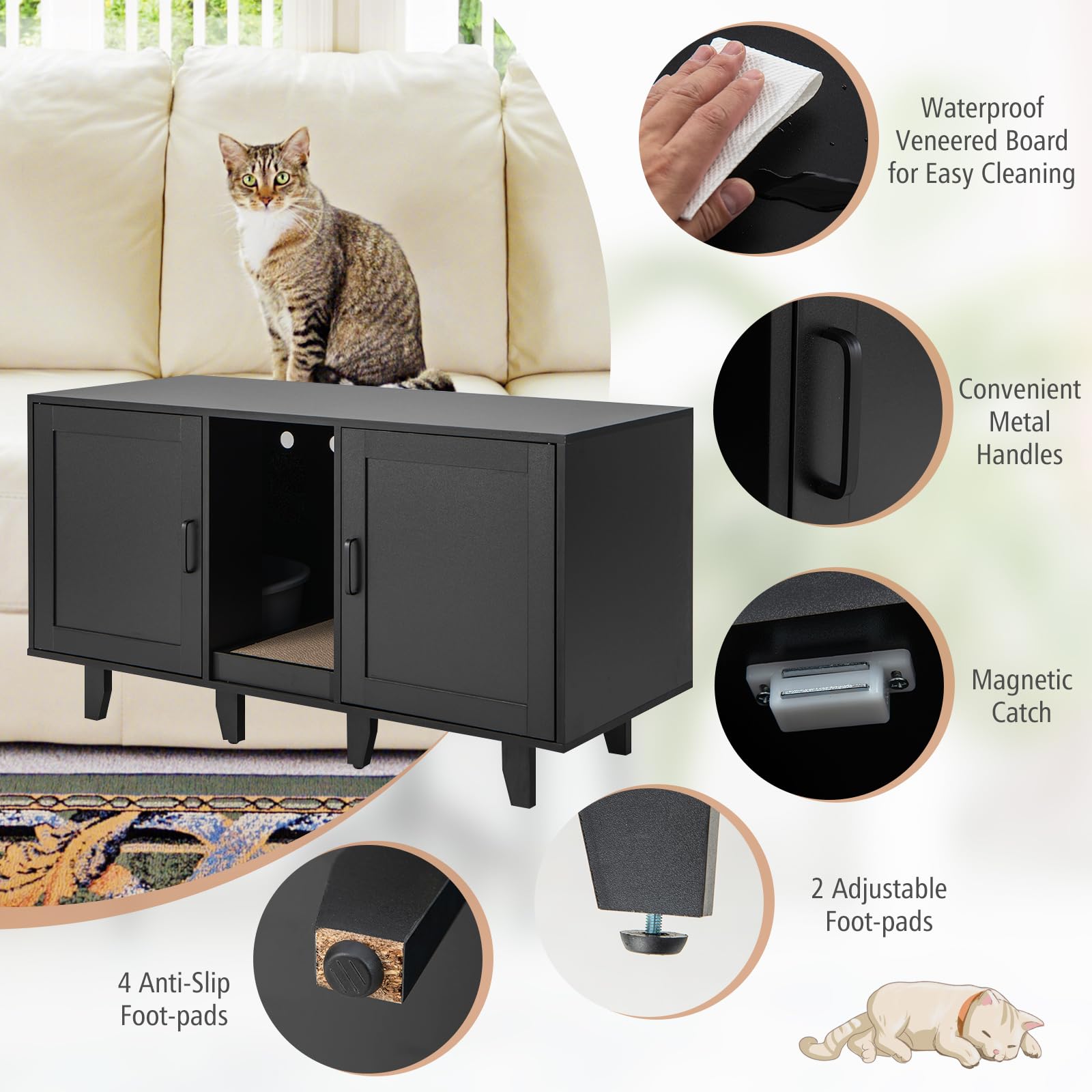 Petsite Litter Box Enclosure For 2 Litter Boxes, Hidden Cat Washroom Tv Stand End Table With 2 Cabinet, Scratching Board, Indoor Cat Litter Furniture (Grey Wash)