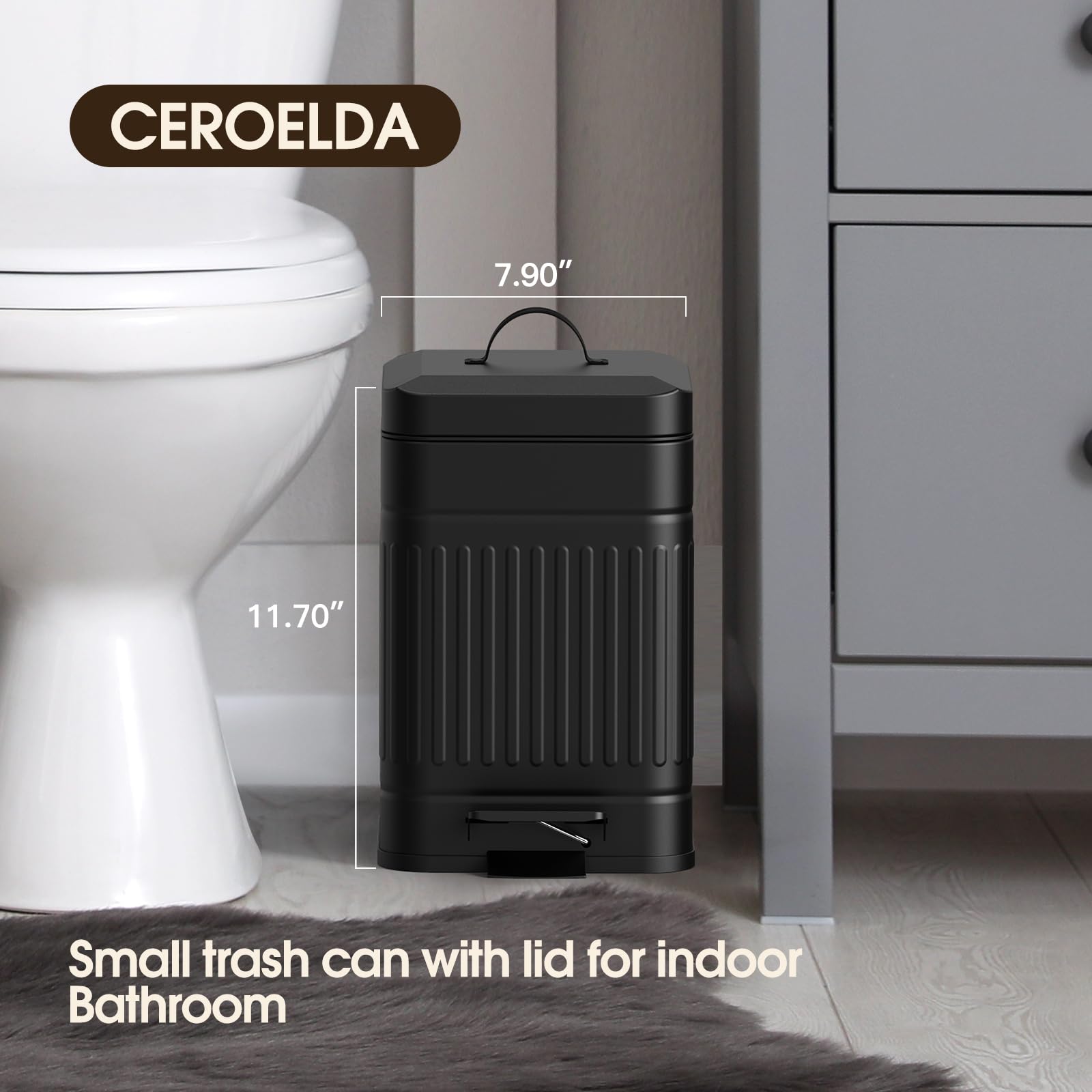 CEROELDA Small Trash Can with Lid, 5L Stainless Steel Waste Bin, Soft Close, White, Model FT-W for Bathroom, Bedroom, Office