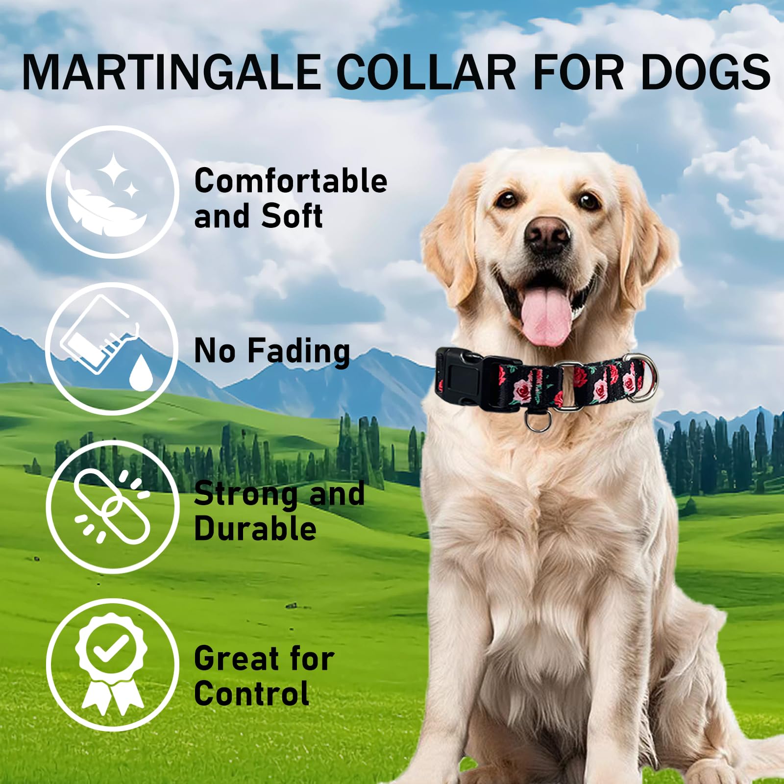 Fidohug Martingale Collar For Dogs Pink Floral Dog Collars For Small Dogs With Buckle Girl Female Soft Nylon Dog Collar (Black P