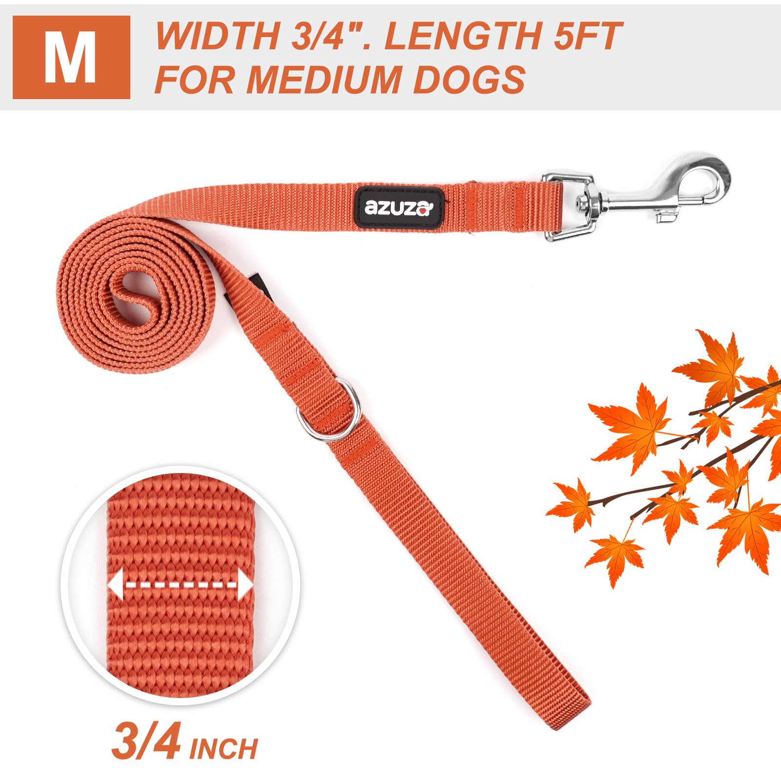 Azuza 3 Pack Fall Nylon Dog Leashes Strong & Durable Basic Dog Leash With Easy To Use Collar Hook For Medium Dogs, M (5Ft,3/4'')