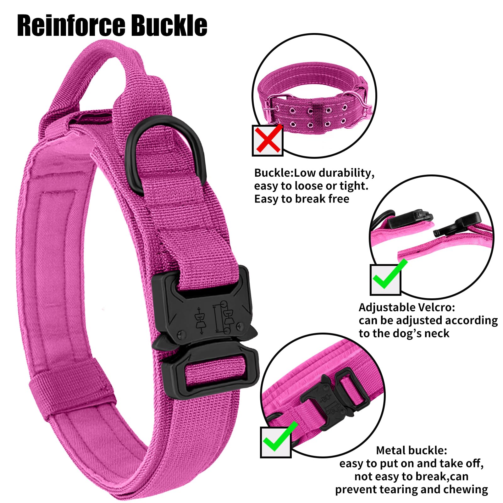 Tactical Military Dog Collar - Adjustable Heavy Duty Metal Buckle Nylon Collar With Control Handle For Small To Large Dogs (Pink