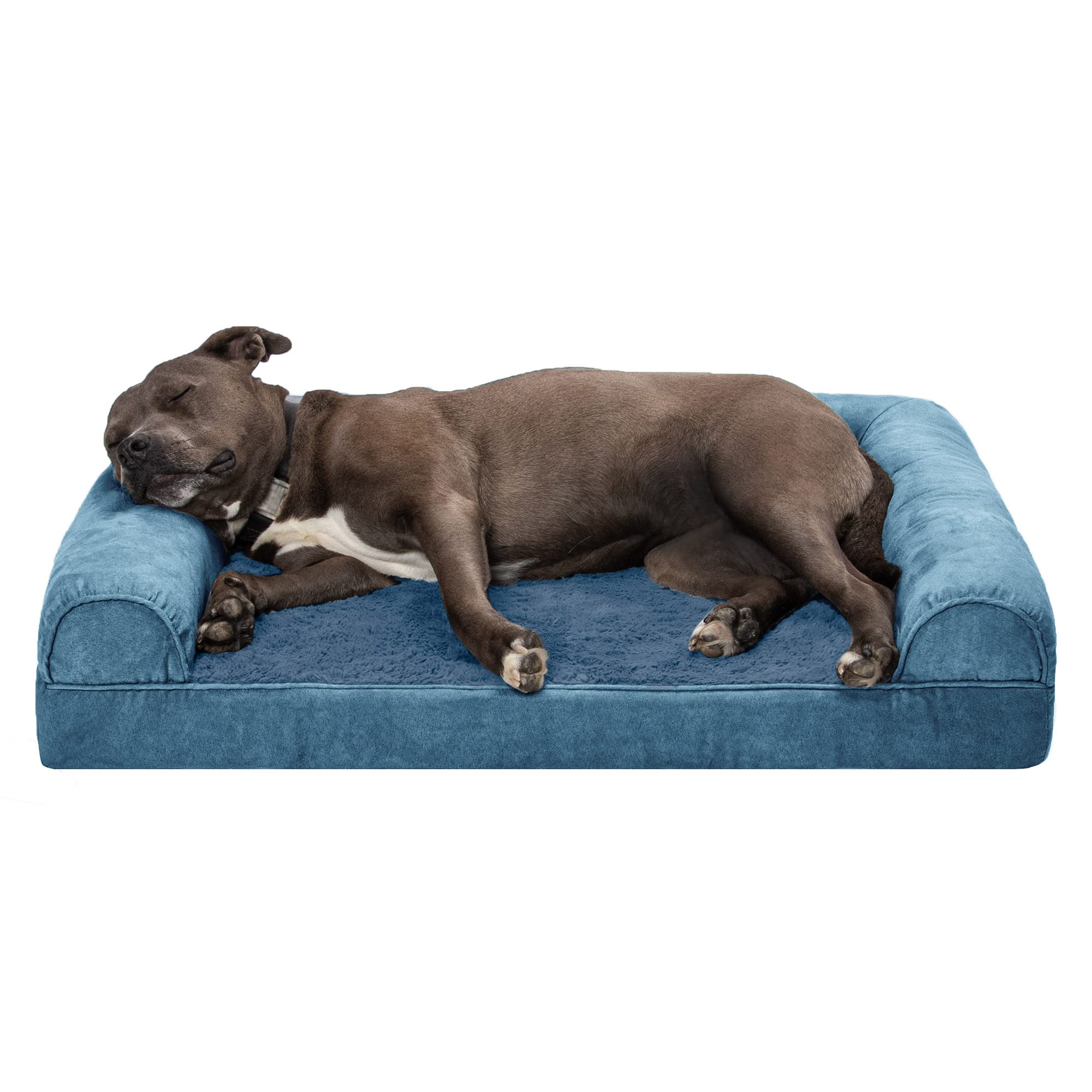 Furhaven Large Orthopedic Dog Bed Faux Fur & Velvet Sofa-Style W/ Removable Washable Cover - Harbor Blue, Large