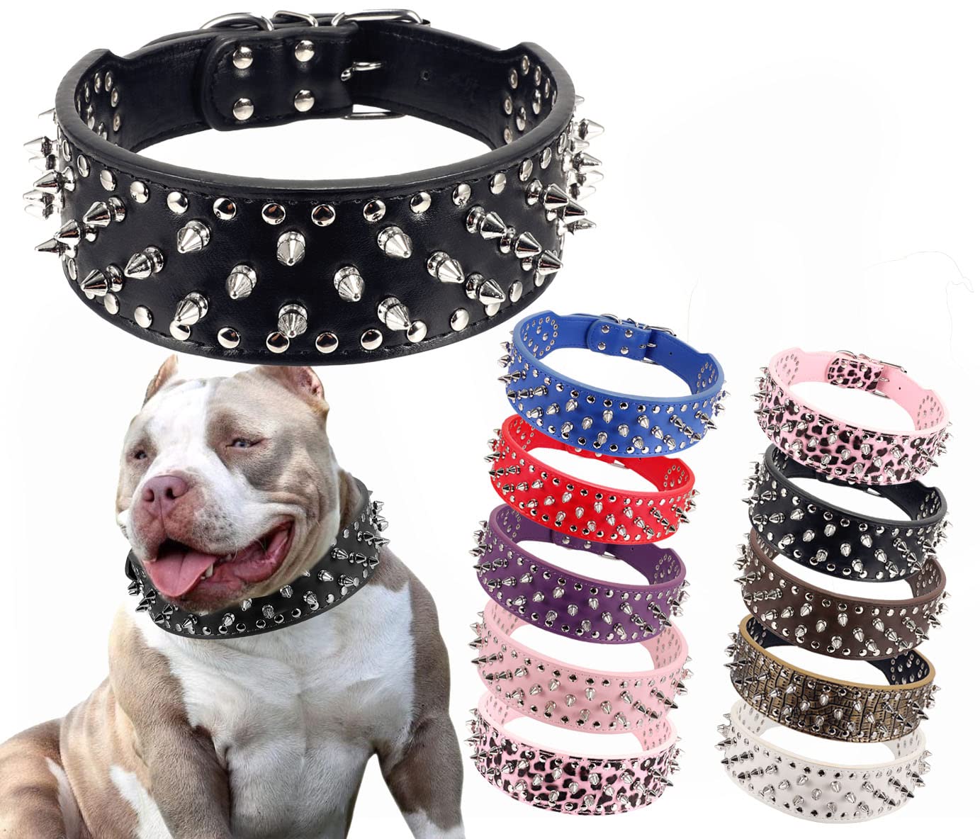 Hoot Pu Leather Adjustable Spiked Studded Dog Collar 2'' Wide 37 Spikes (M(Neck 19''-22''), Black)