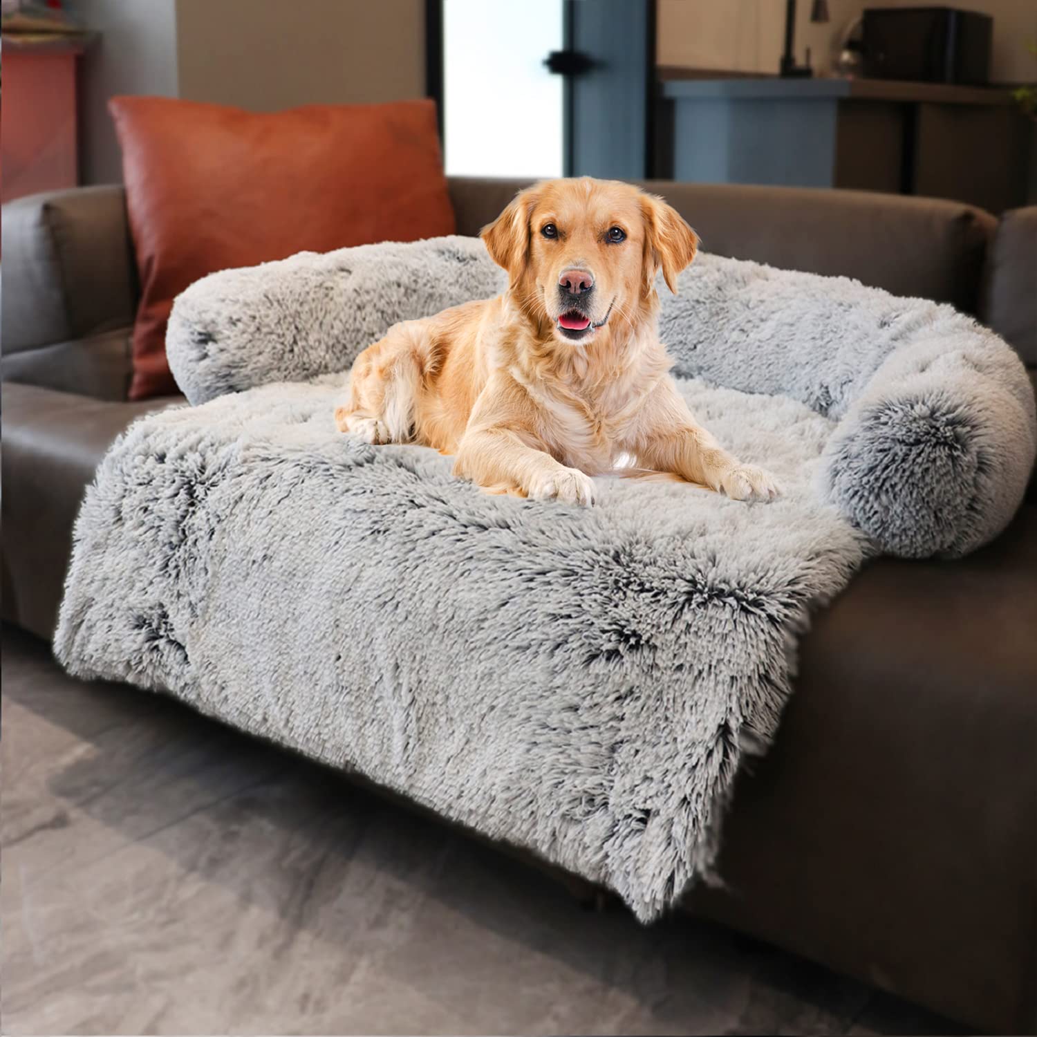 Dekeyoo Waterproof Calming Dog Bed, Pet Couch Protector Plush Dog Mat Dog Sofa, Pet Furniture Cover With Soft Neck Bolster, Machine Washable Silver Gray Large