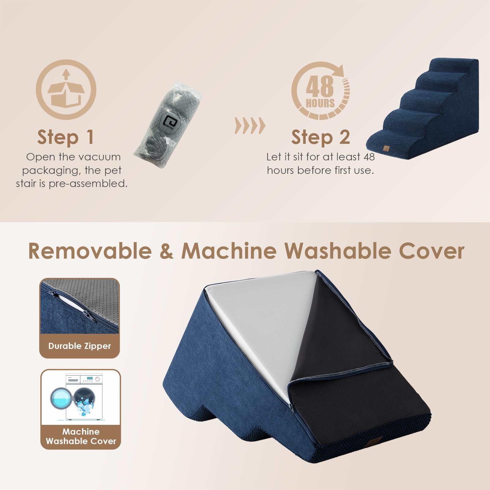 Eheyciga Curved Dog Stairs Ramp For High Beds 22.6' H, 5-Step Dog Steps For Small Dogs And Cats, Pet Stairs For High Bed Climbing, Non-Slip Balanced Pet Step Indoor, Navy