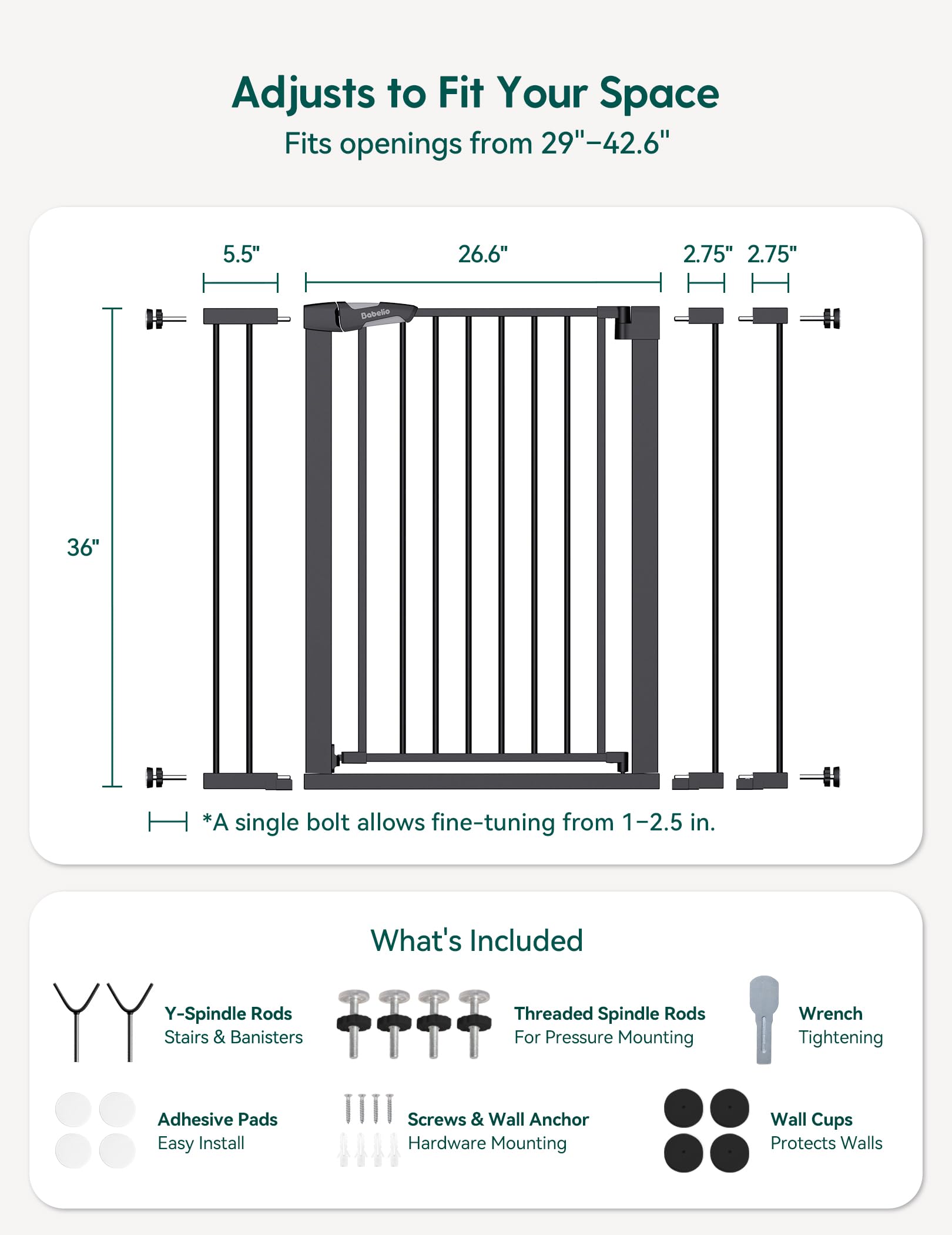 Babelio Baby Gate for Doorways and Stairs, PressGuard P7 Auto Close Dog Gate, 36 Tall Easy Install Pressure Mounted, fits for 29