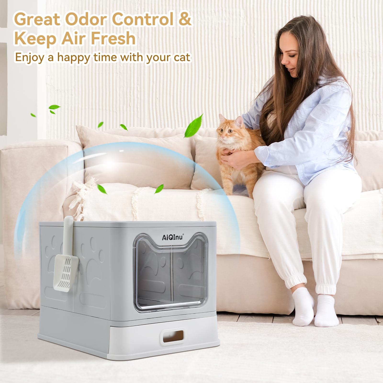 Aiqinu Stainless Steel Cat Litter Box With Lid And Scoop - Up To 20 Lbs, Foldable Large Enclosed Metal Litter Box With High Side