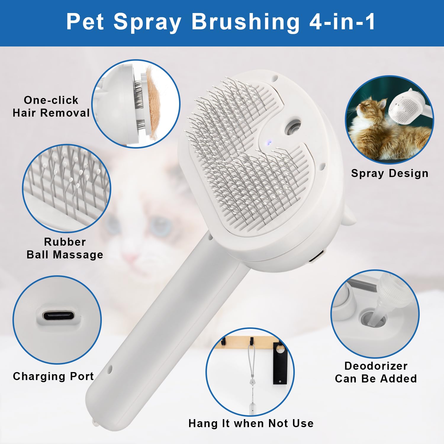 Pet Steam Brush For Shedding, 4 In 1 Brush For Long & Short Haired Cat&Dog, Self-Cleaning Hair Remover With Water Tank And Led B