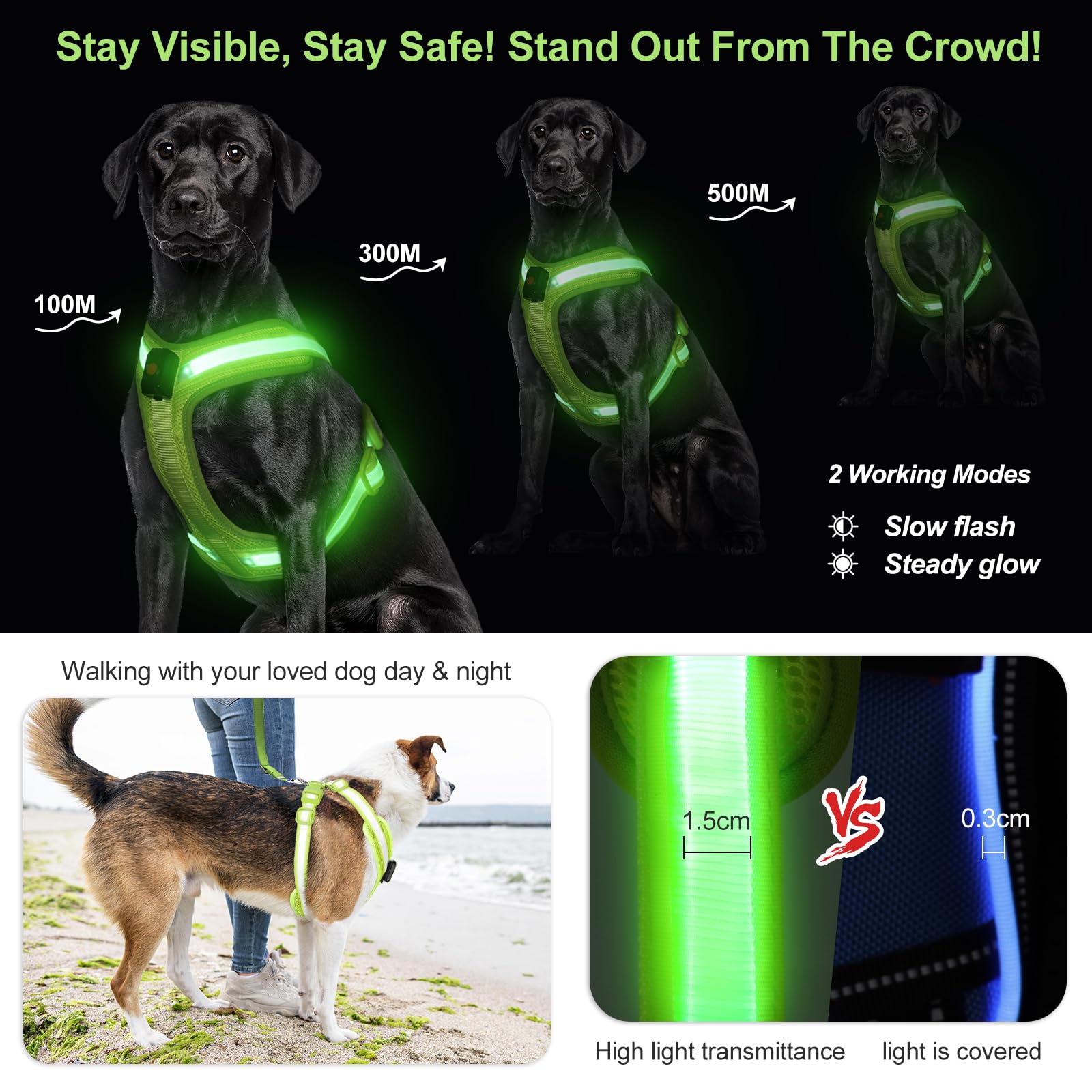 Pzrlit Light Up Dog Harness - Led Dog Harness Rechargeable, No Choke Illuminated Glow Dark Harness Vest Waterproof For Medium Large Dogs For Camping Night Safety Walking-Green,L