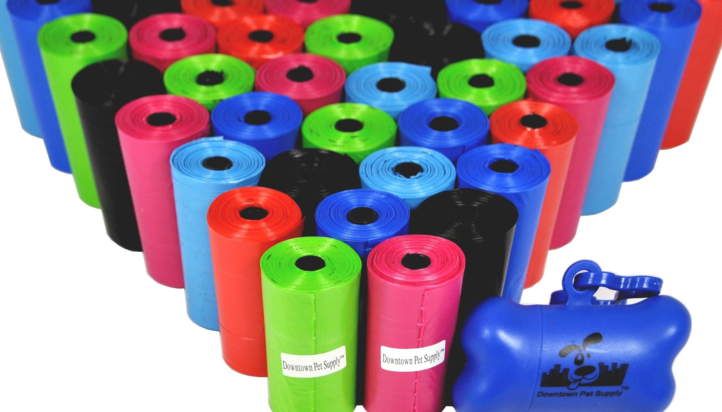 Downtown Pet Supply 2200 Count Dog Poop Bags Refills With Leash Clip And Bone Bag Dispenser, Rainbow Of Colors - Dog Waste Bags 