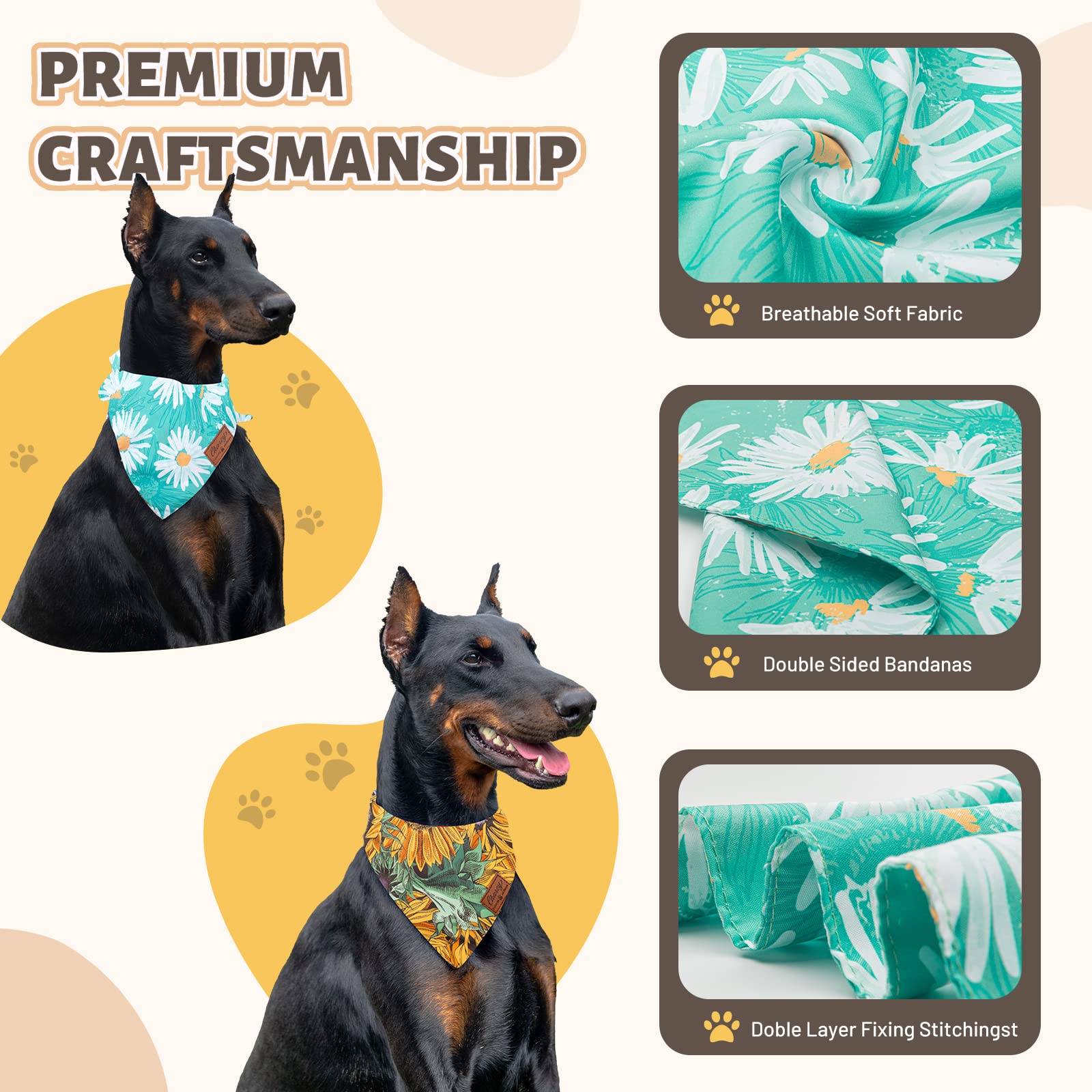 Charcy Bandanas 4 Pack, Fall Bandana For Boy Girl Dog Holiday Birthday, Adjustable Durable Scarf, Unique Design - Sunflower Larg