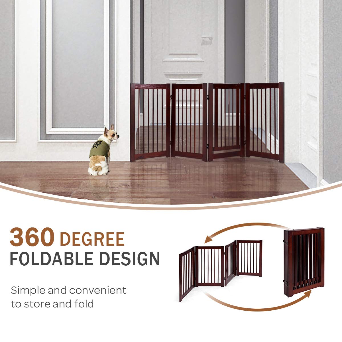 Petsite Pet Gate With Walk Through Door, 4 Panel Pet Fence Indoor, 80 Inches Extra Wide Freestanding Dog Gates For House, Stairs, Doorways