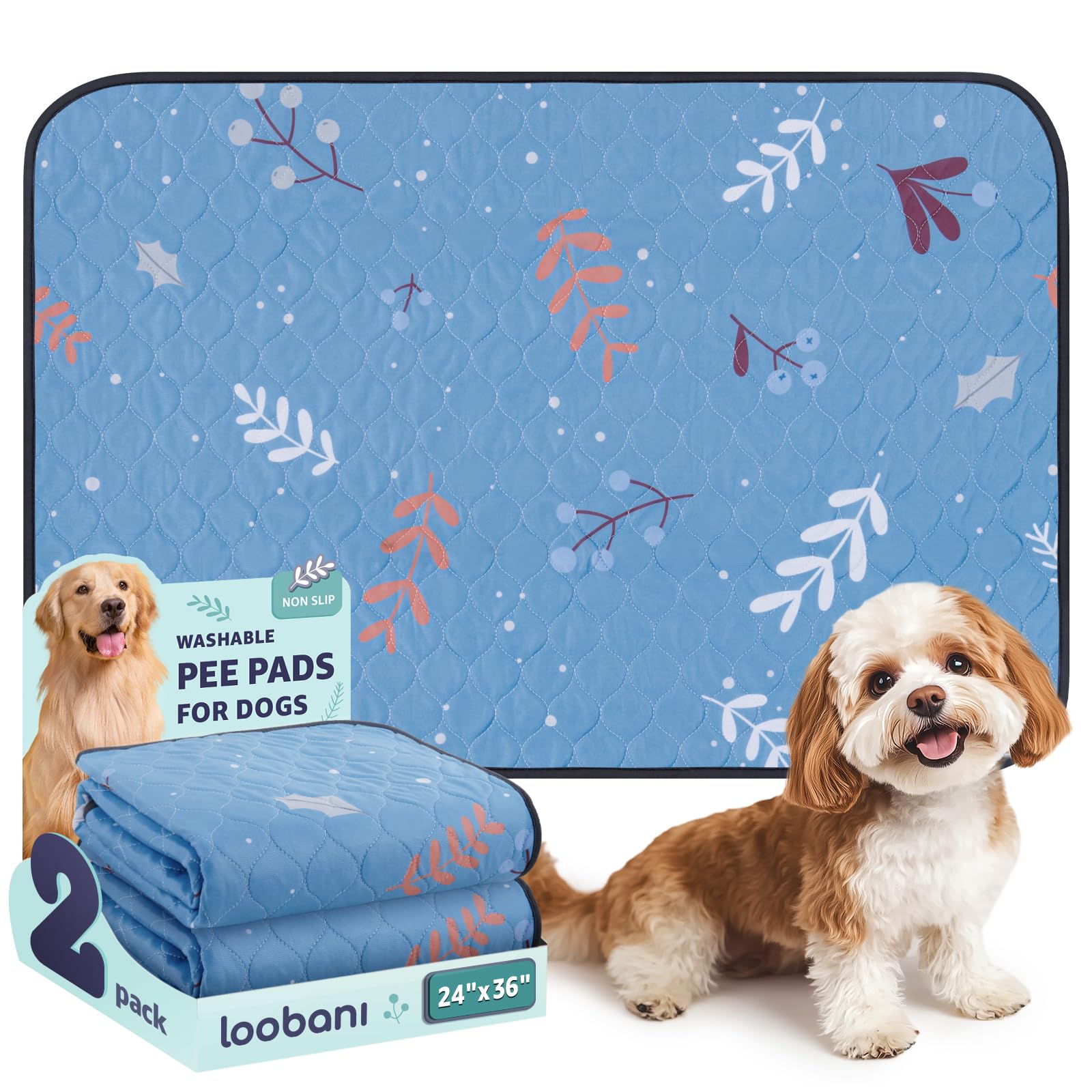 Loobani Washable Pee Pads For Dogs: 2 Pack Reusable Puppy Training Pads 24'' X 36'', Waterproof Dog Pee Pads Non-Slip, Super Abs