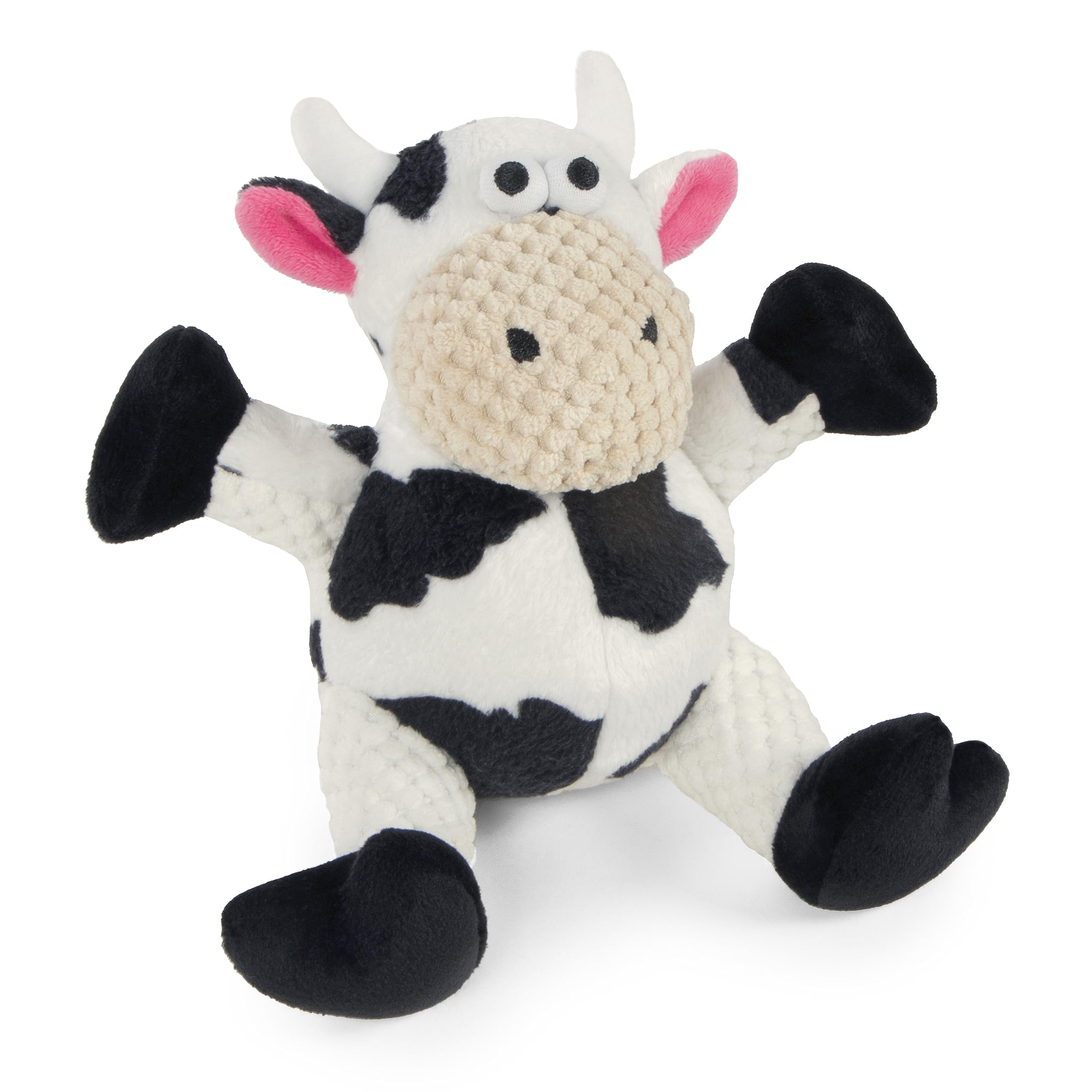 Godog Checkers Sitting Cow Squeaky Plush Dog Toy, Chew Guard Technology - White, Small