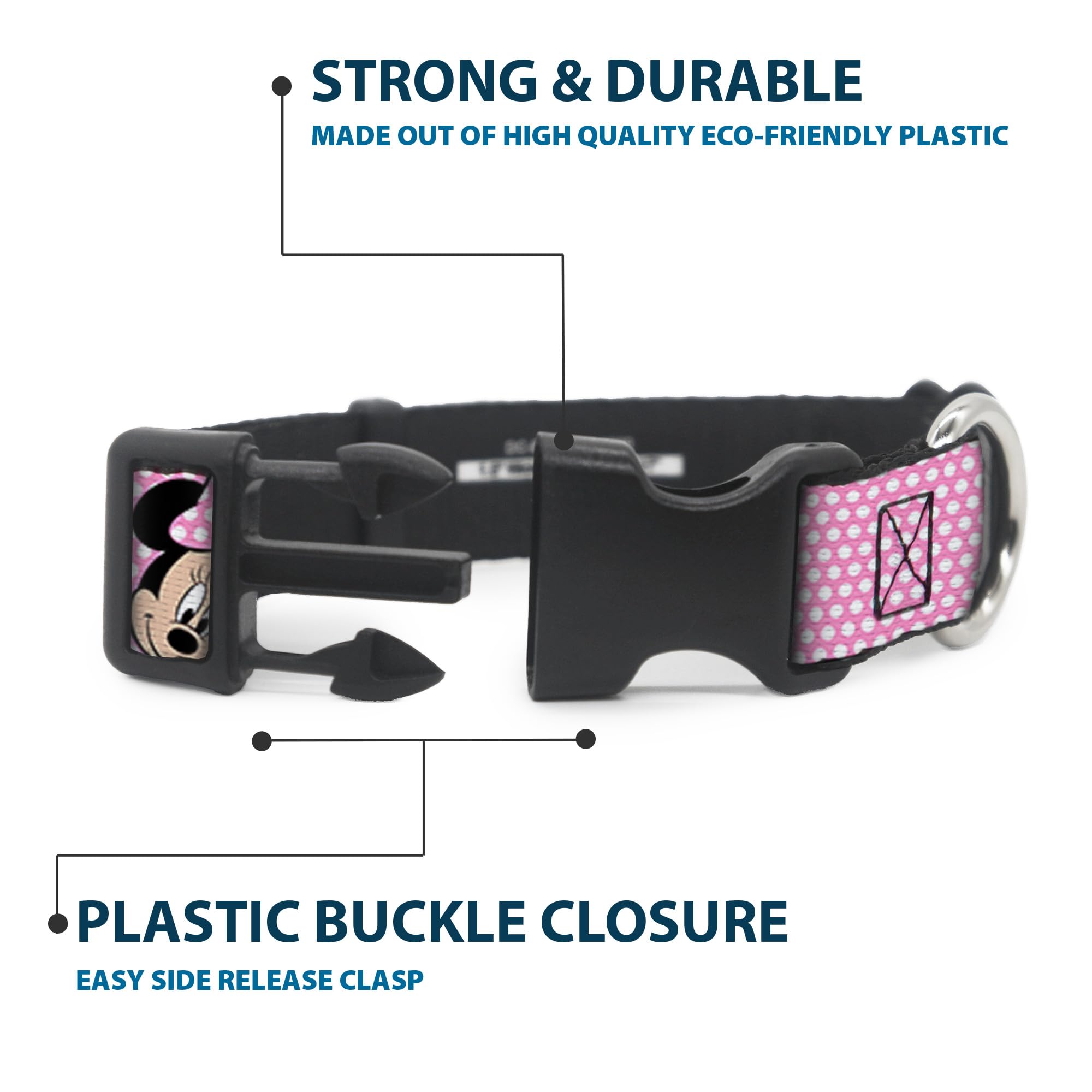 Buckle-Down Plastic Clip Collar - Minnie Mouse Expressions Polka Dot Pink/White - 1.5 Wide - Fits 13-18 Neck - Small