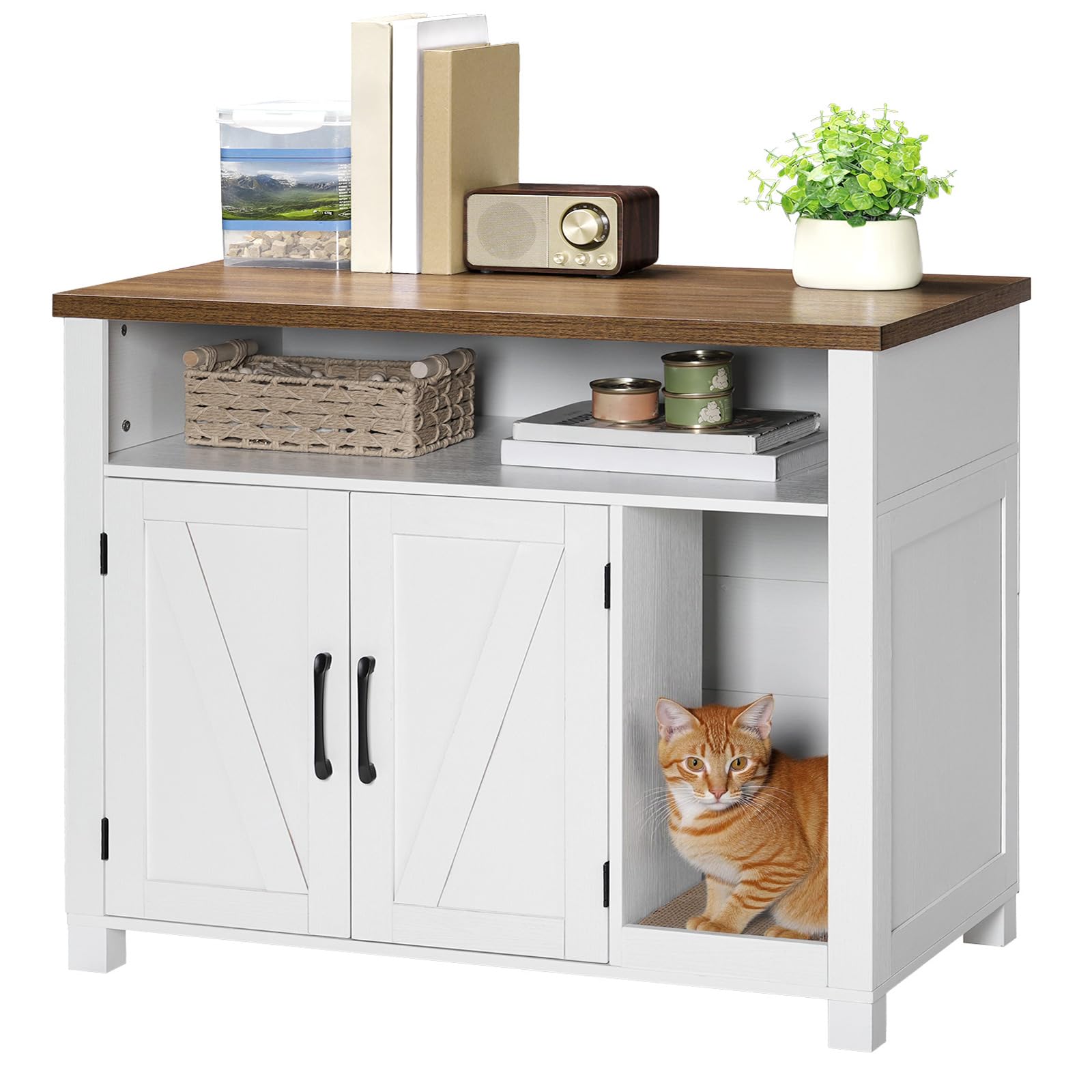 HOOBRO Cat Litter Box Enclosure, Farmhouse Wooden Cat Furniture with Scratch Pad, Storage Layer, Litter Box Furniture, End Side 