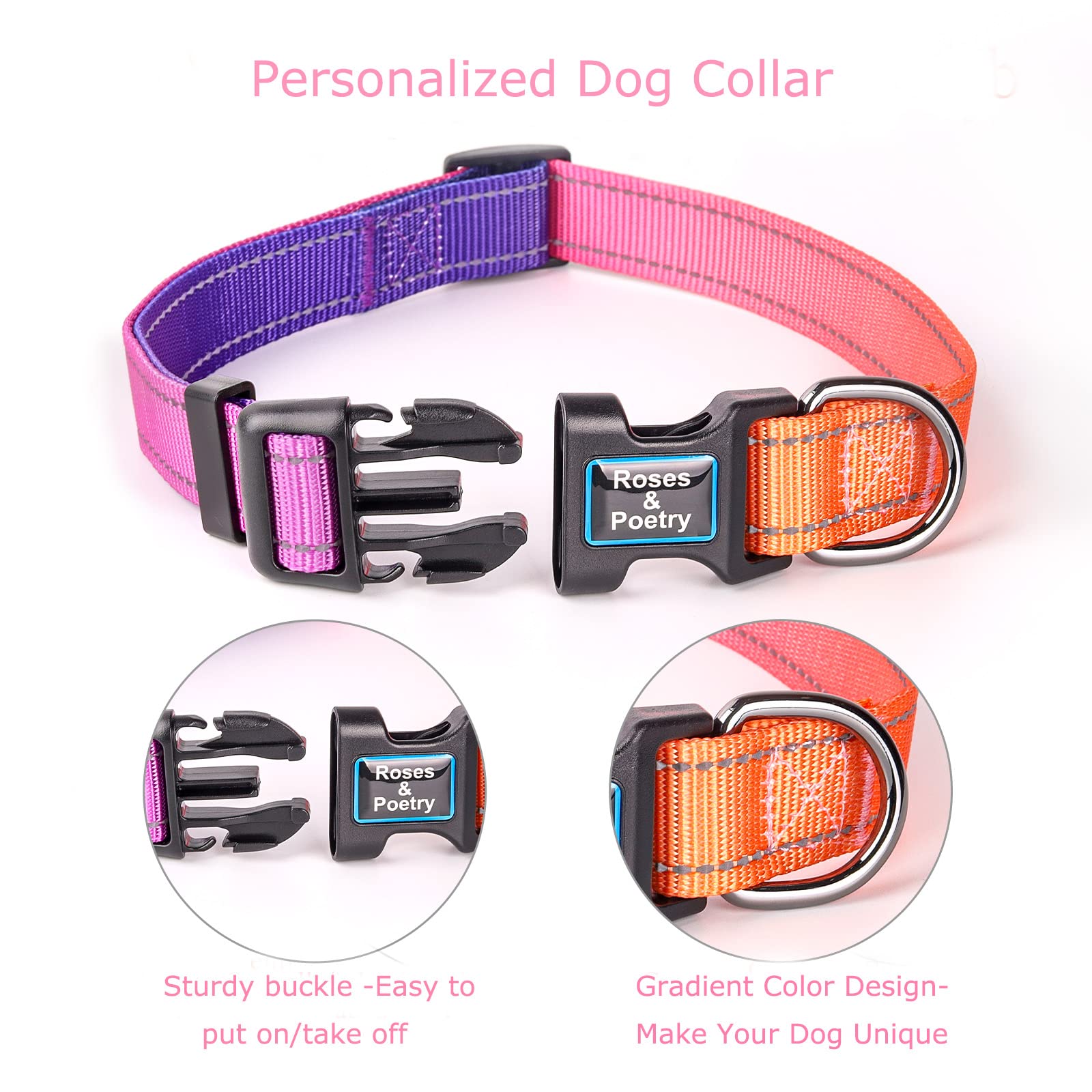 Roses&Poetry Reflective Dog Collar With Gradient Mistyrose, Adjustable Durable Pet Collars For Small Medium Large Dogs (Mistyrose-Xs