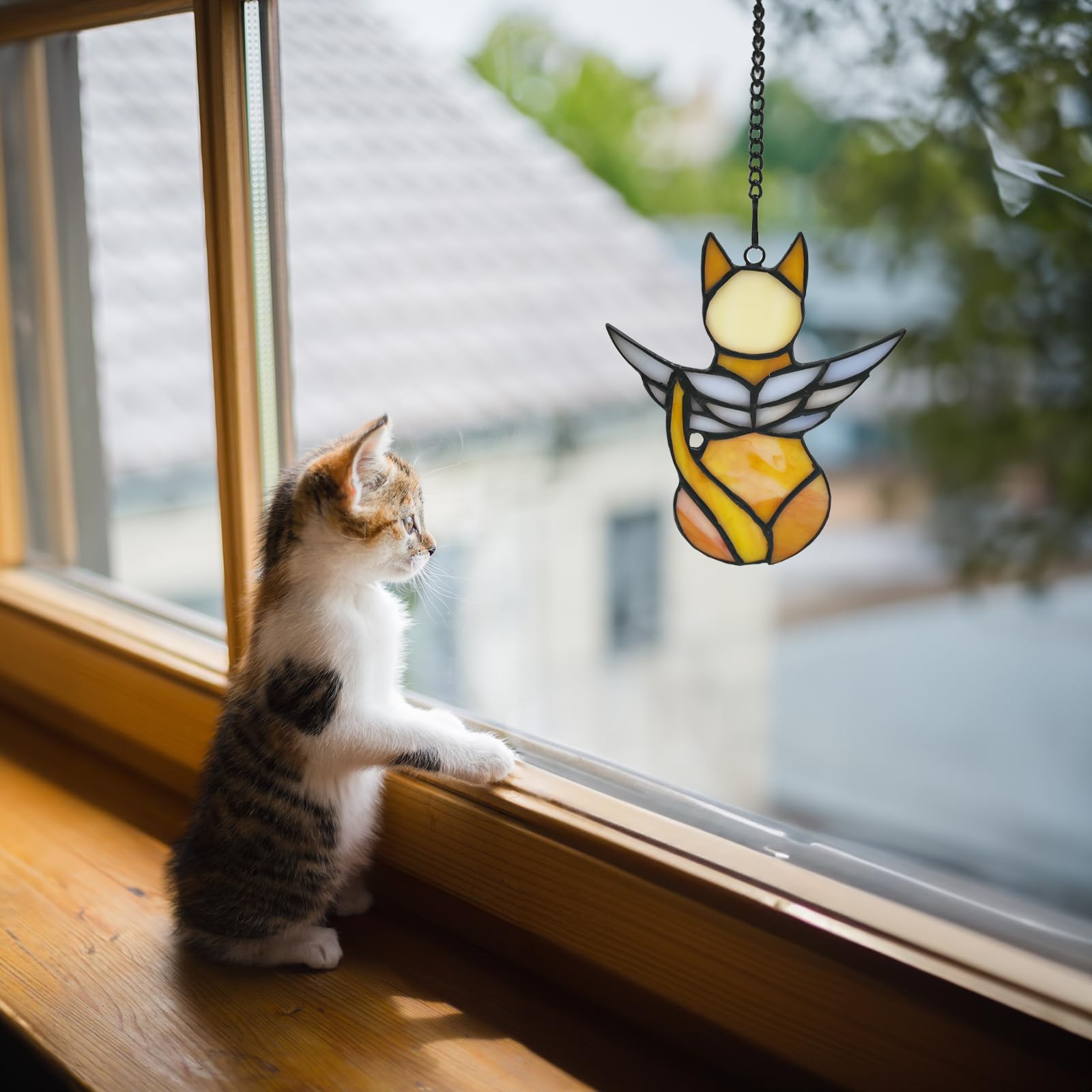Fluffycaptain Handcrafted Stained Glass Orange Angel Cat Suncatcher - Pet Memorial Gift With Colorful Wings, Cat Lovers Sympathy