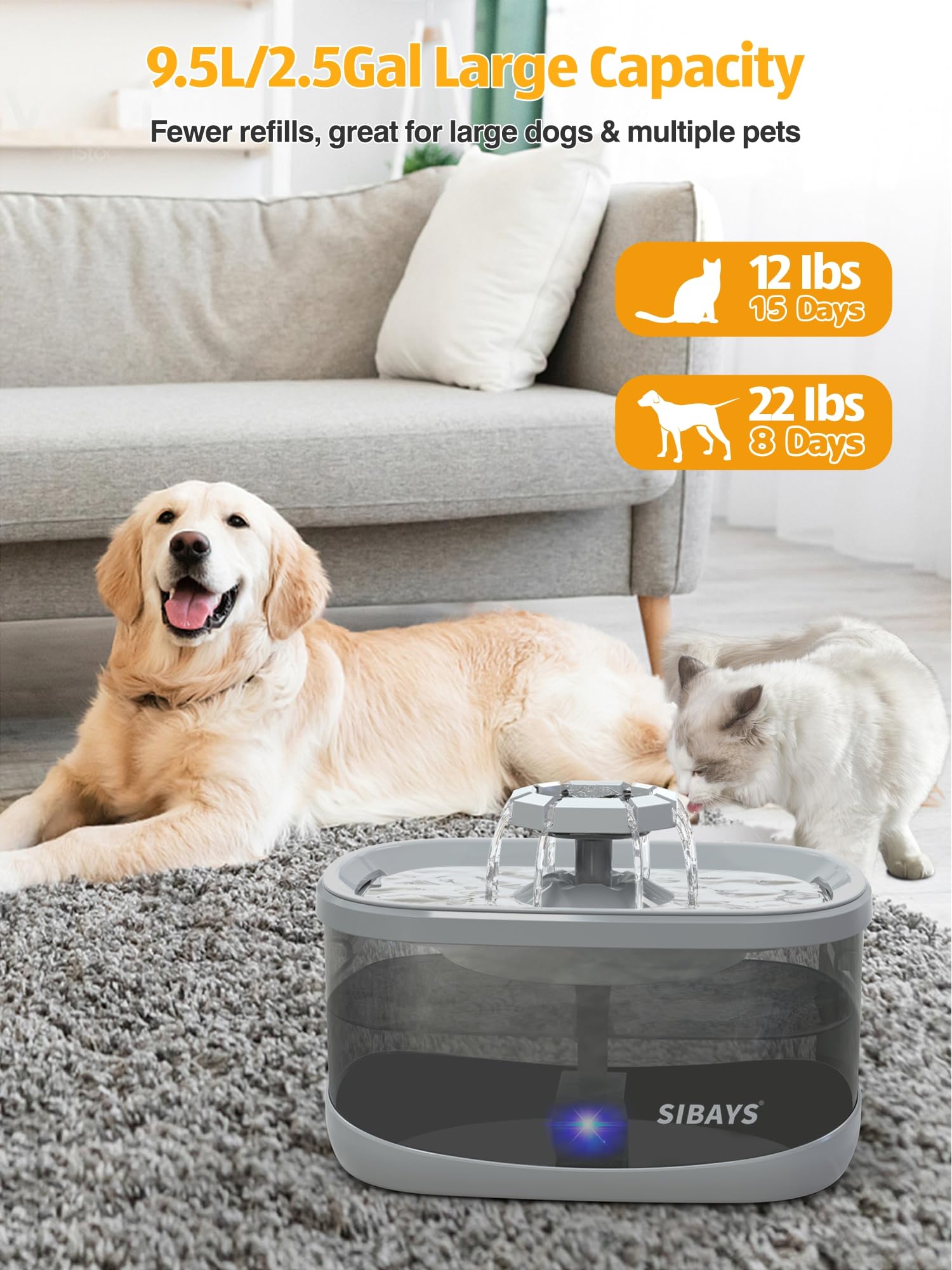 SIBAYS 2.5GAL/9.5L Dog Water Fountain for Large Dogs, 3 Flow Modes Large Pet Water Fountain for Cats, Automatic Dog Water Bowl D