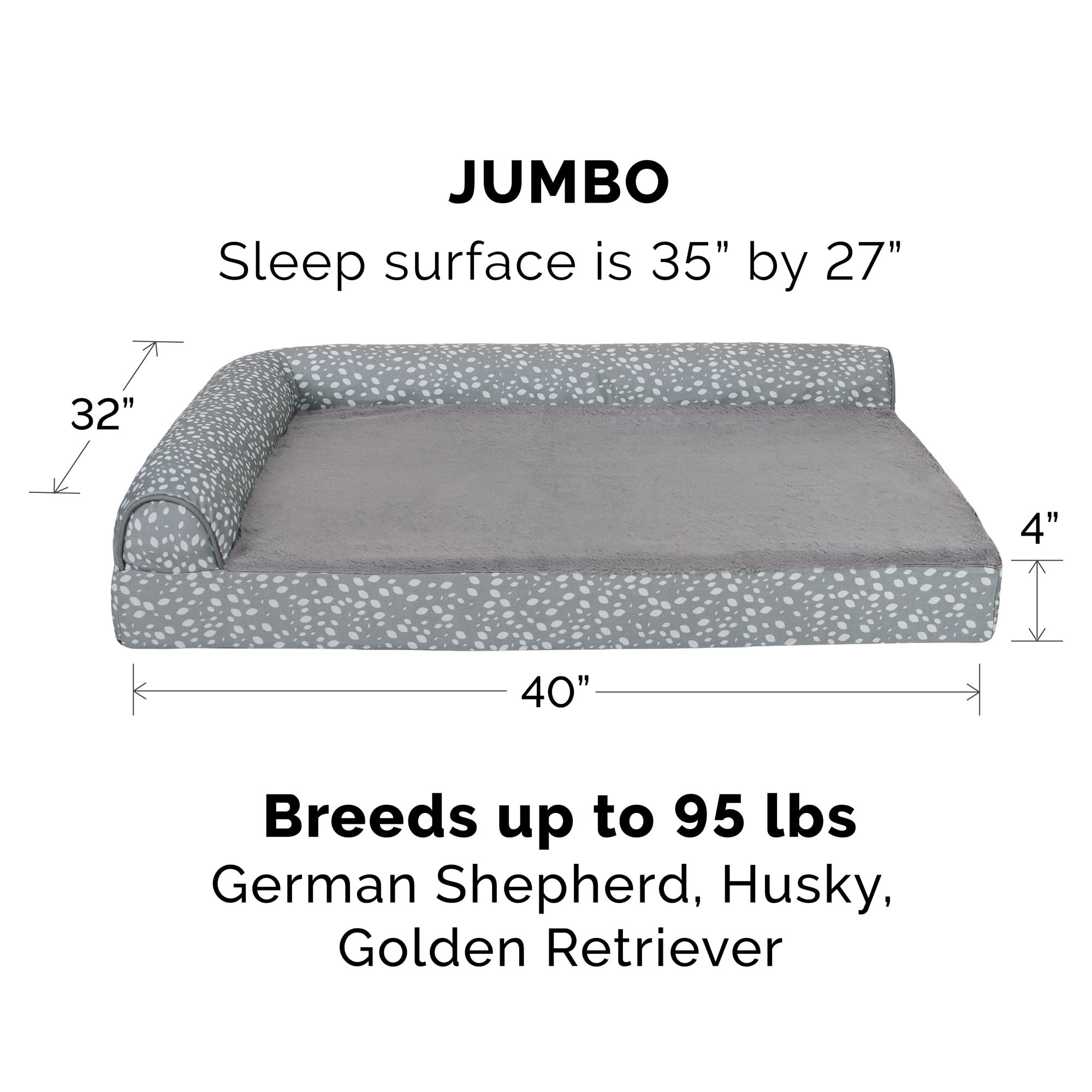 Furhaven Orthopedic Dog Bed For Large Dogs W/ Removable Bolsters & Washable Cover, For Dogs Up To 95 Lbs - Plush & Almond Print L Shaped Chaise - Gray Almonds, Jumbo/Xl