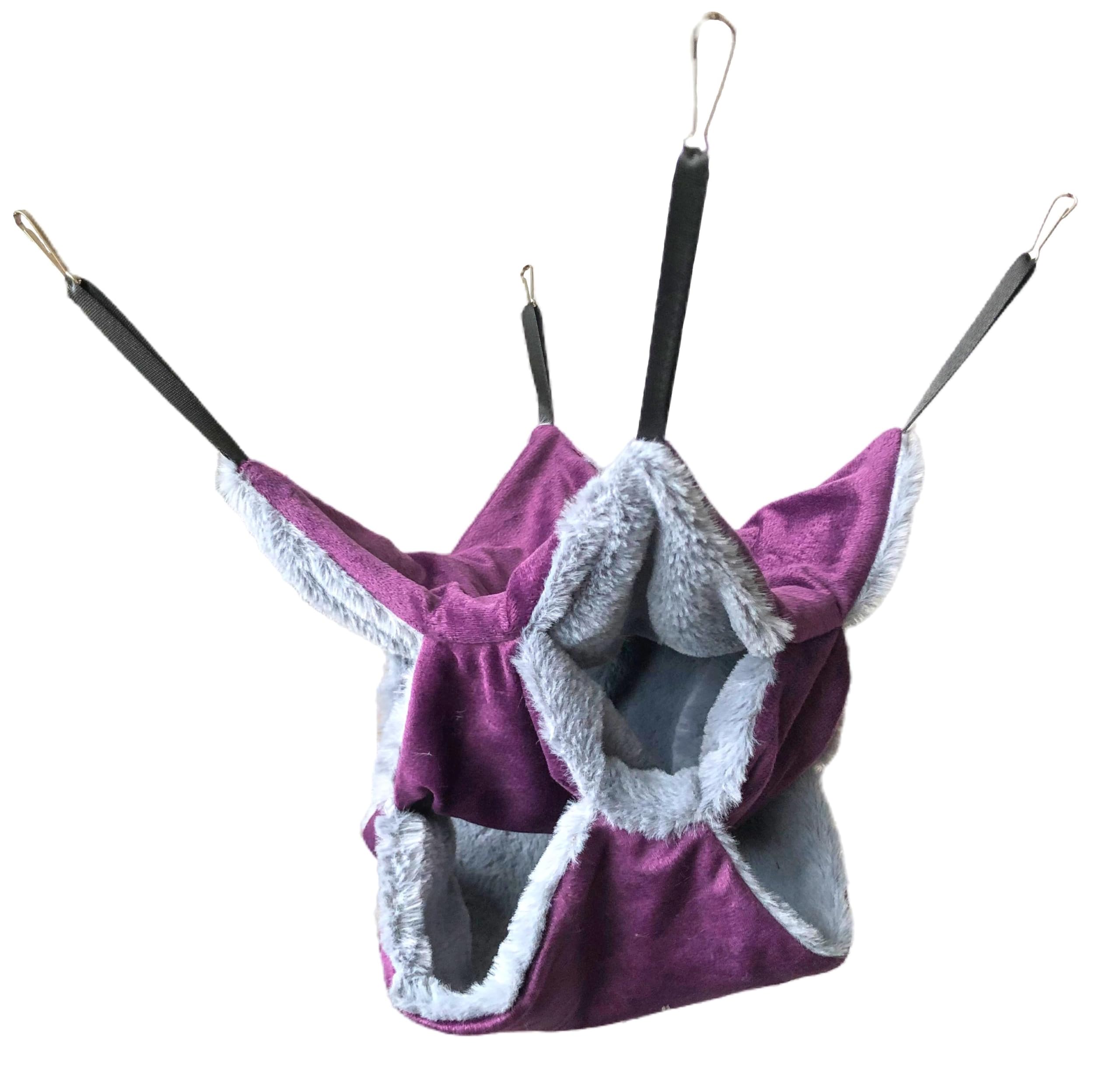 Vedem Small Animals Warm Plush Triple Bunkbed Cage Hanging Hammock Bed Hideout For Sugar Glider Ferret Squirrel (Purple/Grey)