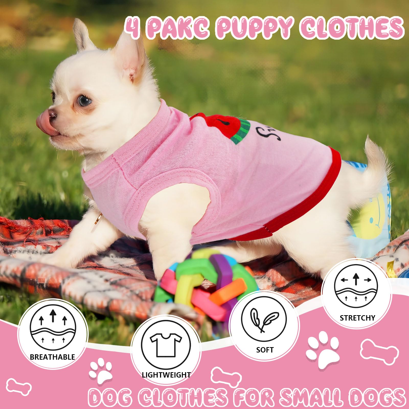 4 Pieces Dog Clothes For Small Dogs Summer Autumn Puppy Clothes Cute Soft Pet Dog Shirts Chihuahua Teacup Dog Cat Clothing Pink