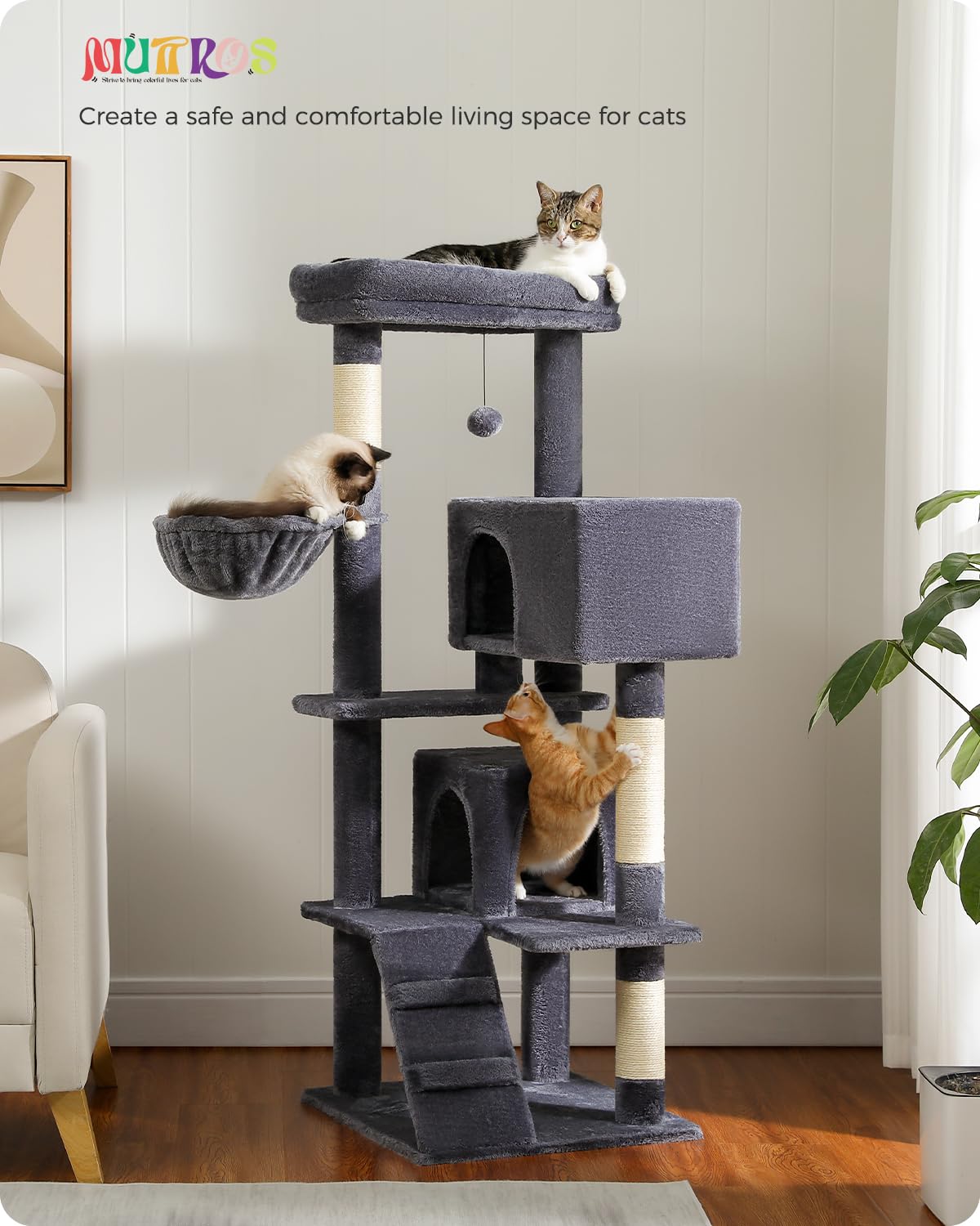 Muttros Cat Tree For Large Cats Adult With Super Large Top Perch, 56.3'' Cat Tower For Large Cats With Plush Hammock, Cat Shelve