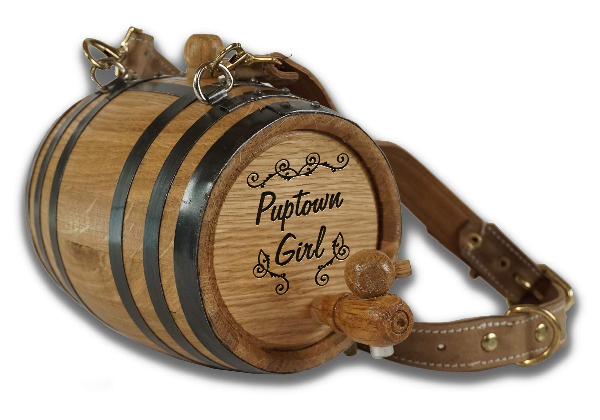St Bernard Dog Collar Rescue Barrel, With Engraved Design 'Puptown Girl' (1/2 Liter Size Oak Mini Keg With Black Hoops For Pet)