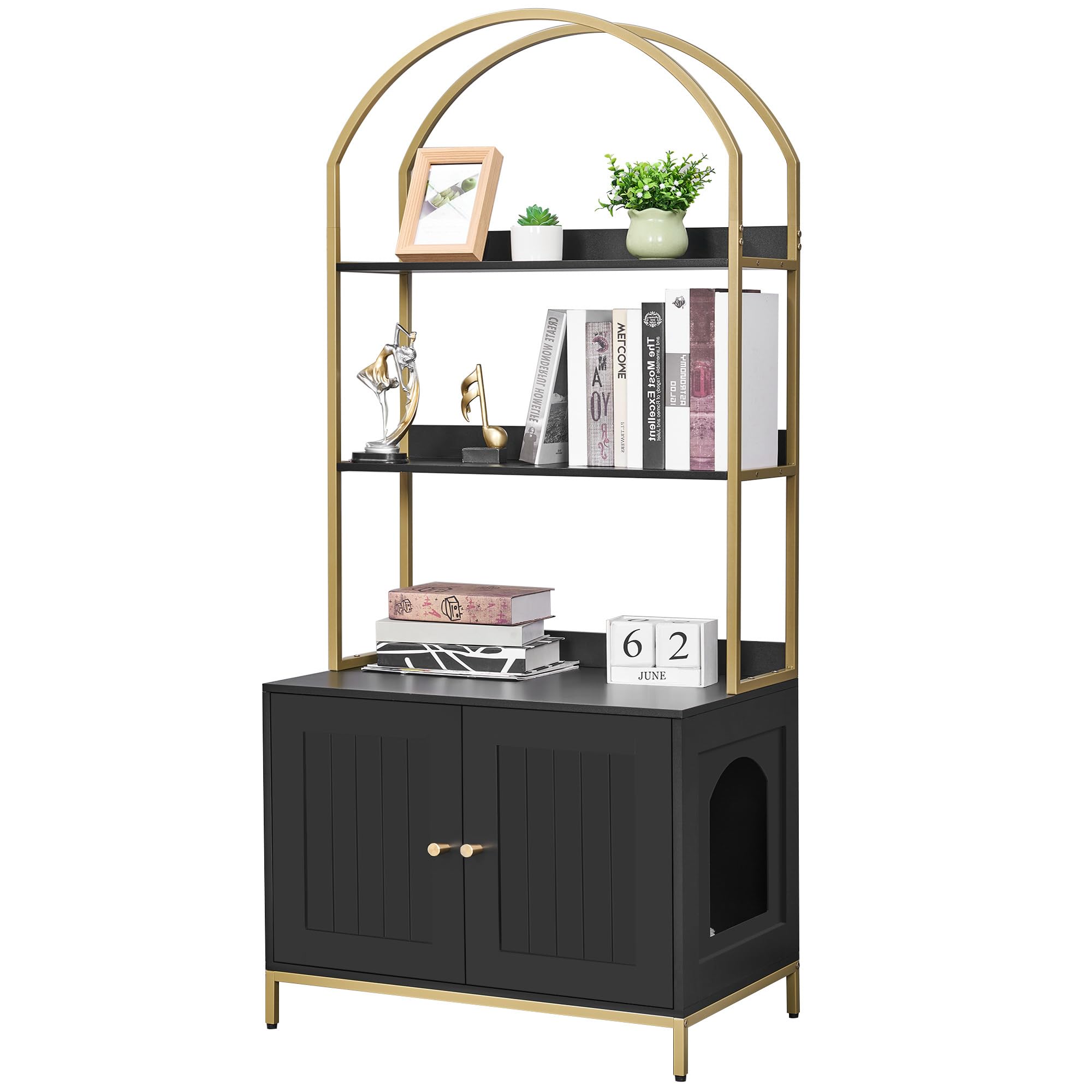 Homhedy Cat Litter Box Enclosure, Litter Box Furniture Hidden With 2-Tier Storage Shelves, Wooden Cat Washroom Furniture With Me