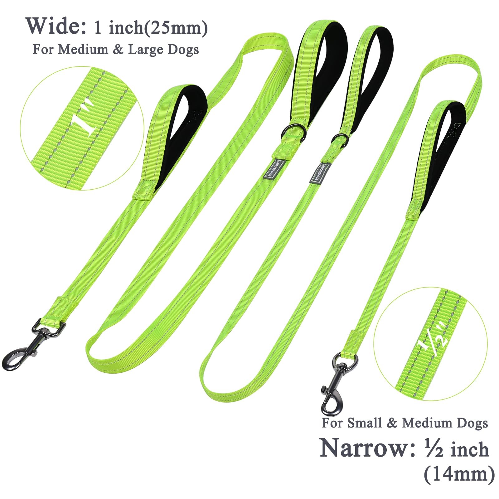 Vivaglory Traffic Handle Dog Leashes, Two Padded Soft Handles Strong Dog Leash, Reflective & Metal Hook Training Pet Lead, Brigh