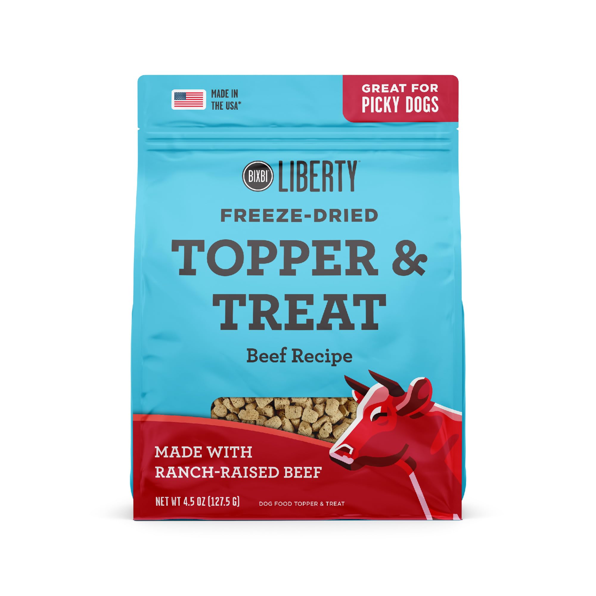 BIXBI Liberty Freeze Dried Dog Food Topper + Dog Treat, Beef Recipe, 4.5 oz - 98% Meat and Organs, No Fillers - Pantry-Friendly 