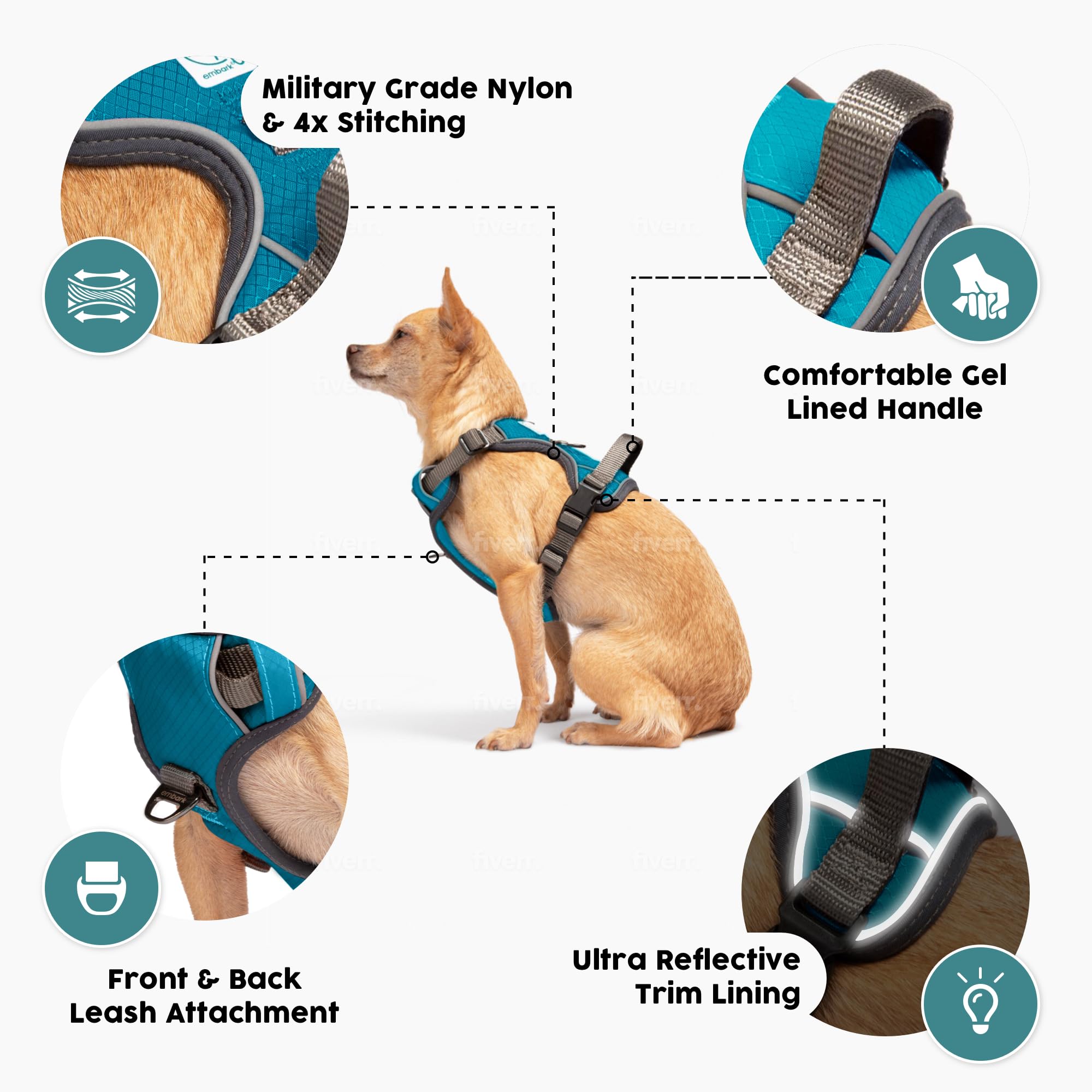 Embark Adventure Dog Harness No-Pull Dog Harness For Small Dogs, Medium & Large. 2 Leash Clips, Front & Back With Control Handle, Adjustable Blue Dog Vest For Any Breed, Soft & Padded For Comfort