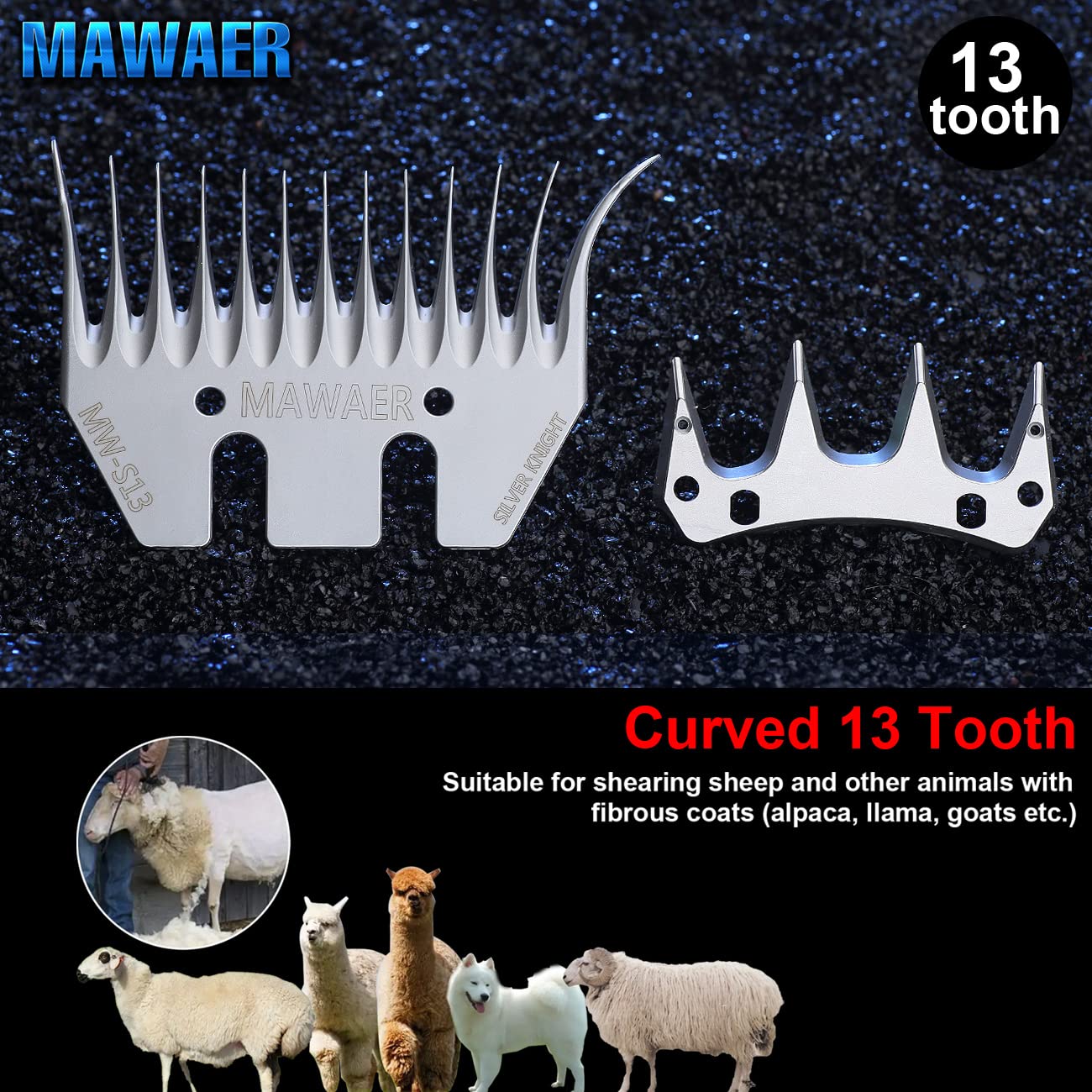 Mawaer 13 Curved Tooth Sheep Shear Clipper Replacement Blades For Fit Oster, Lister, Heiniger Sheep Clippers, Detachable Animal
