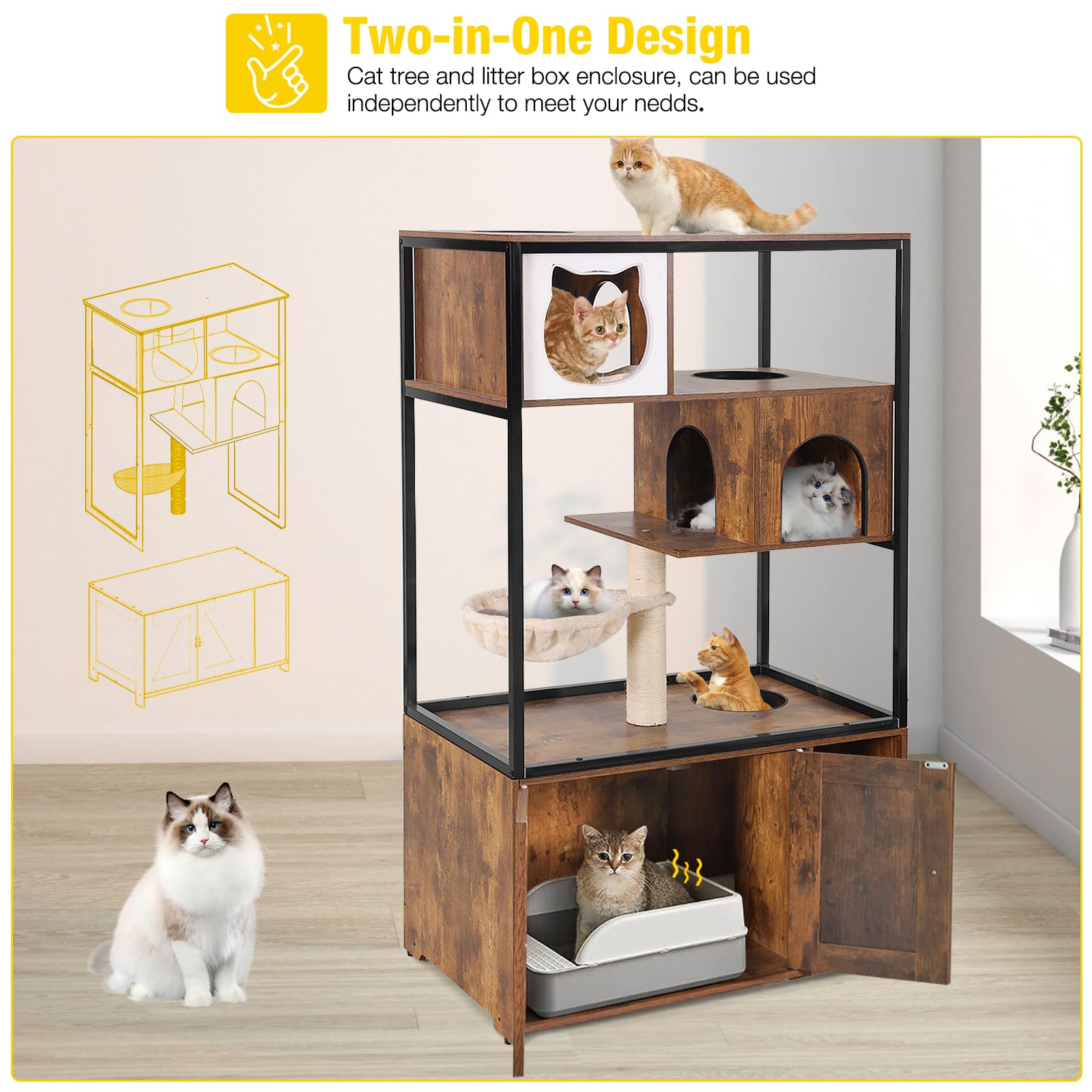Aivituvin Wooden Cat Washroom Furniture - Enclosure With Hidden Litter Box, Condo, Hammock, Scratching Mat And Storage Shelves